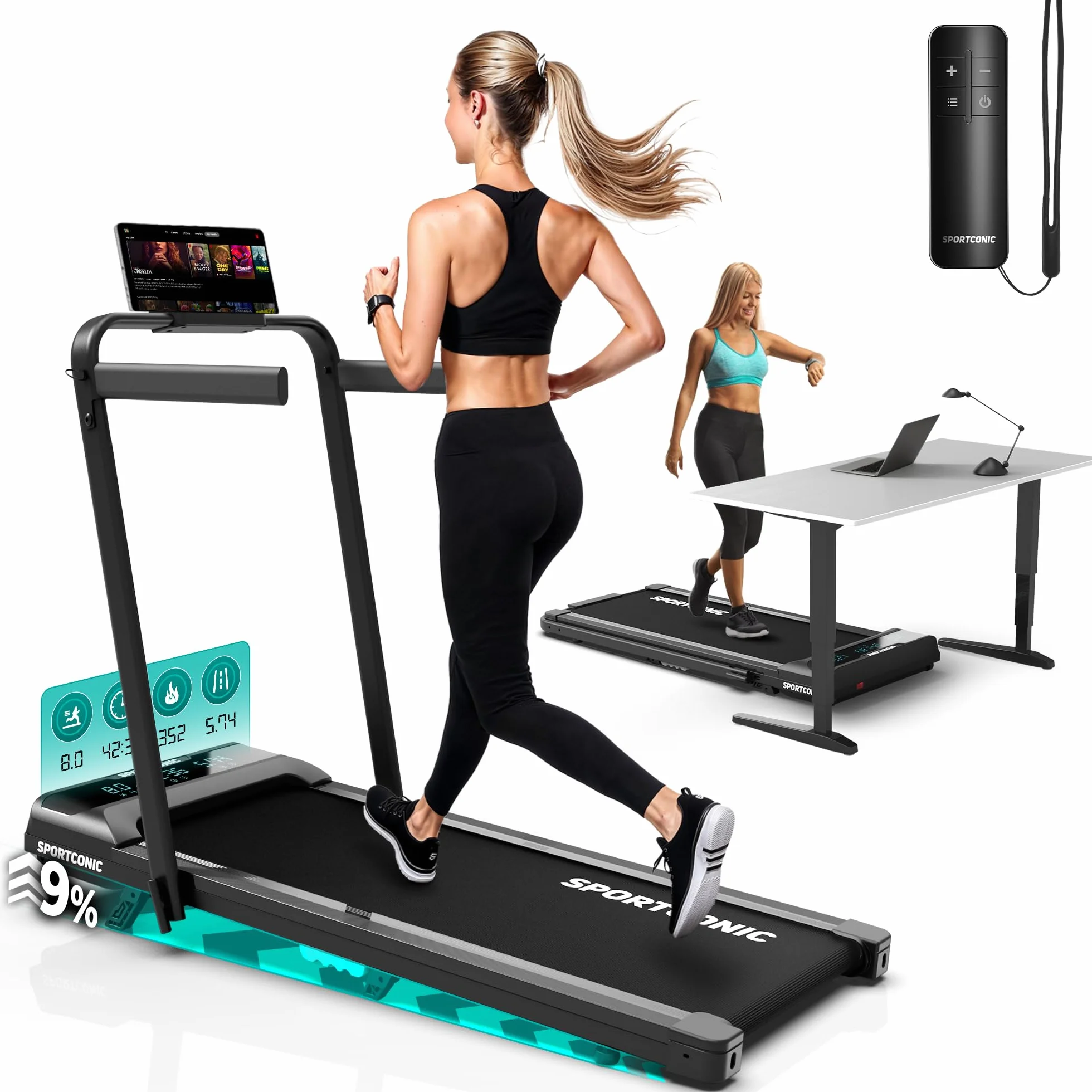 Sportconic Bieżnia do Domu z Nachyleniem, Walking Pad, Kompaktowa i Cicha Bieżnia, Bieżnia pod Biurko do Chodzenia i Biegania