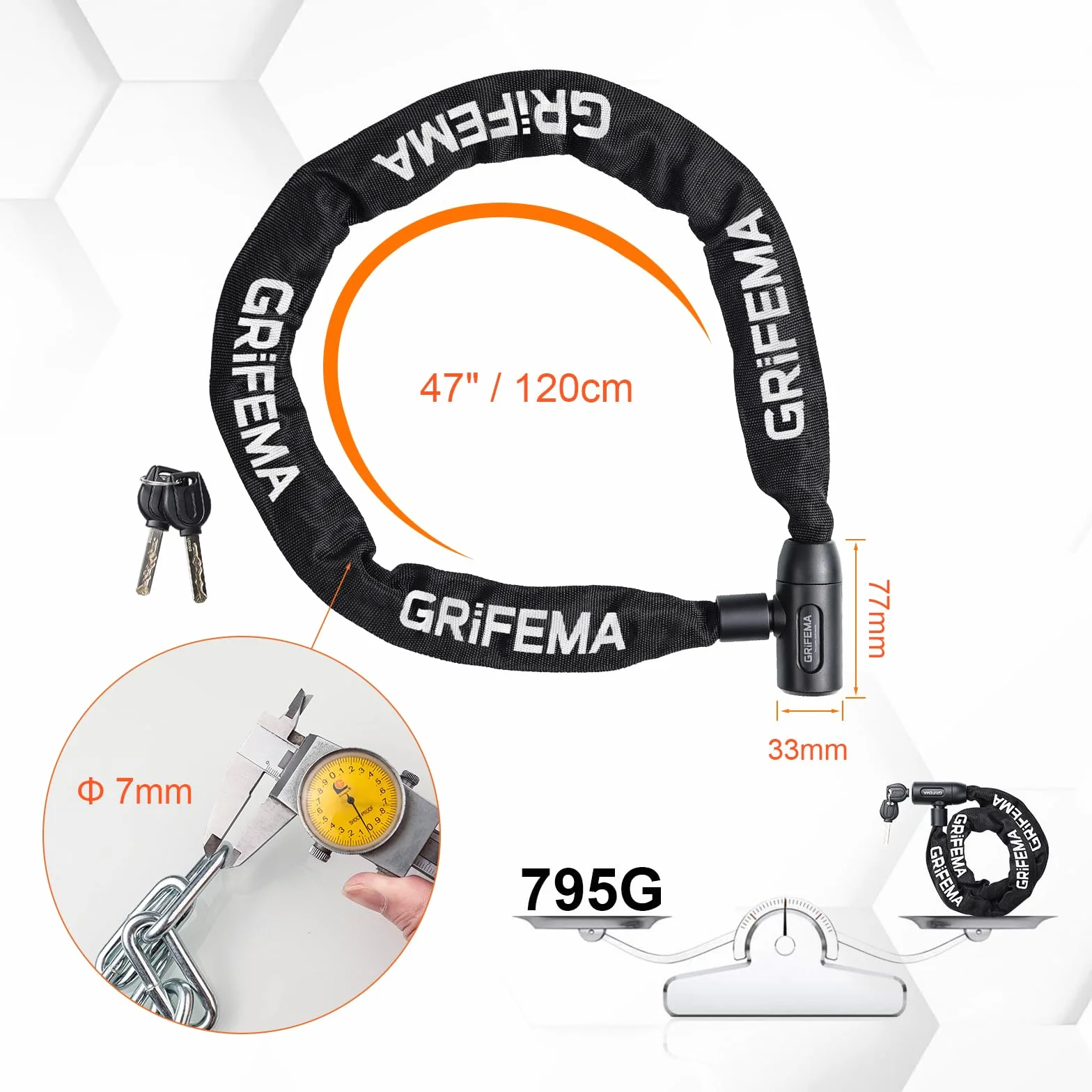 GRIFEMA GA1201-12 Zamek Rowerowy Antywłamaniowy z Kluczem, Łańcuchowy do Rowerów, Motocykli i Hulajnóg, 120 cm, Czarny