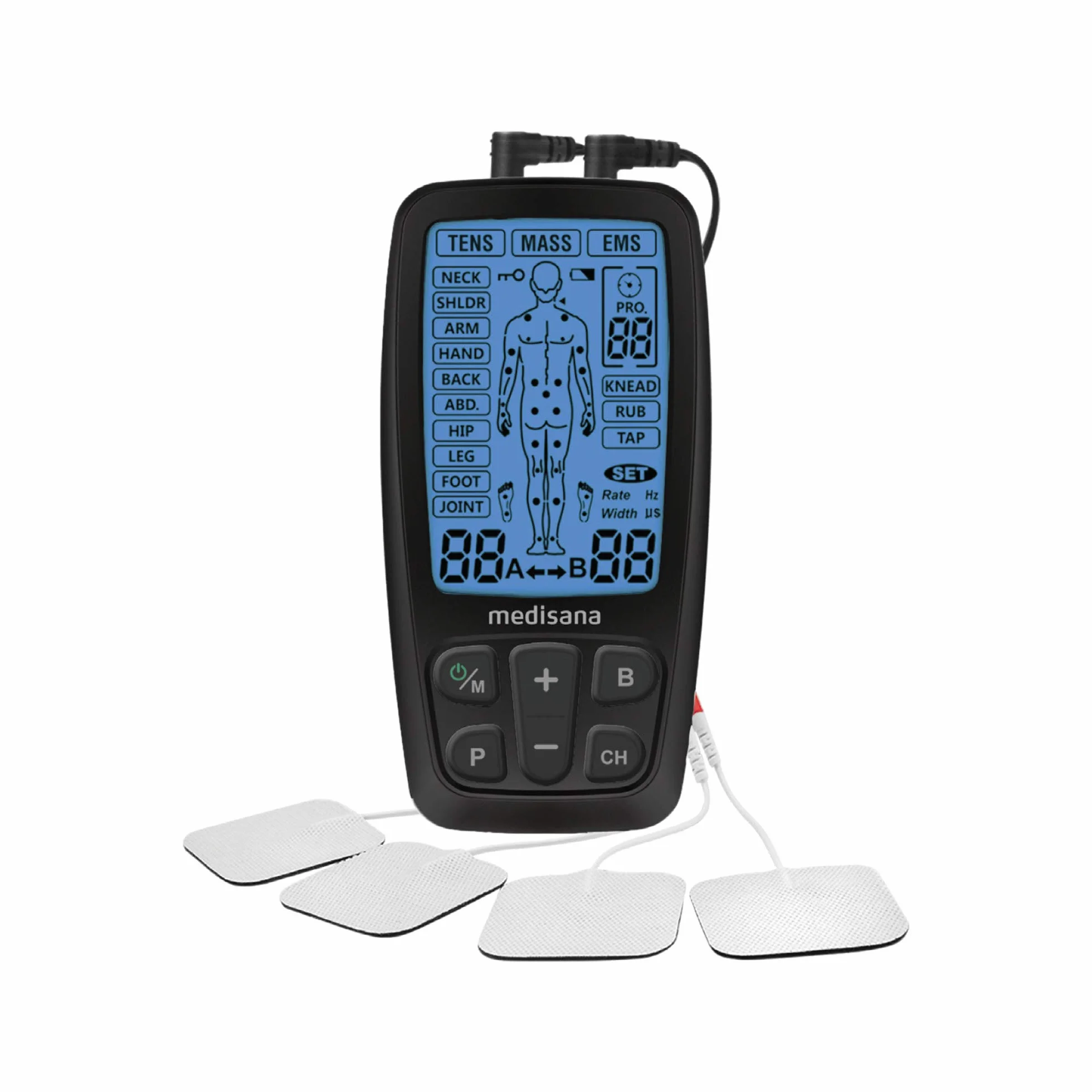 Medisana TT 205 TENS, aparat do stymulacji prądem EMS z 60 programami, aparat do elektroterapii rozluźniający mięśnie i uśmierzający ból pleców, szyi, ramion, brzucha, bioder z 4 elektrodami