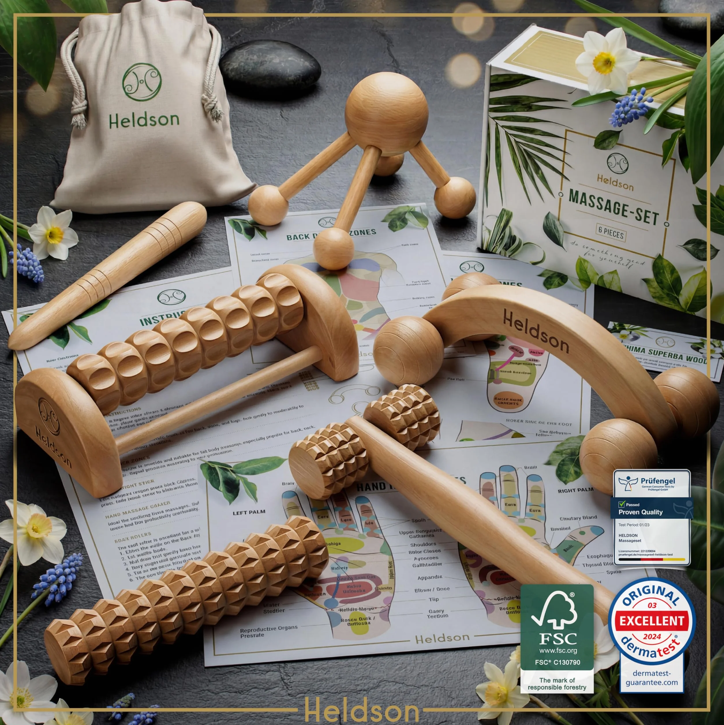 HELDSON® Premium zestaw do masażu drewna [6 części] FSC®100% – różne urządzenia do masażu i wałka do masażu – masaż stóp, masaż głowy, przycisk spustowy – narzędzia do terapii relaksacyjnej –
