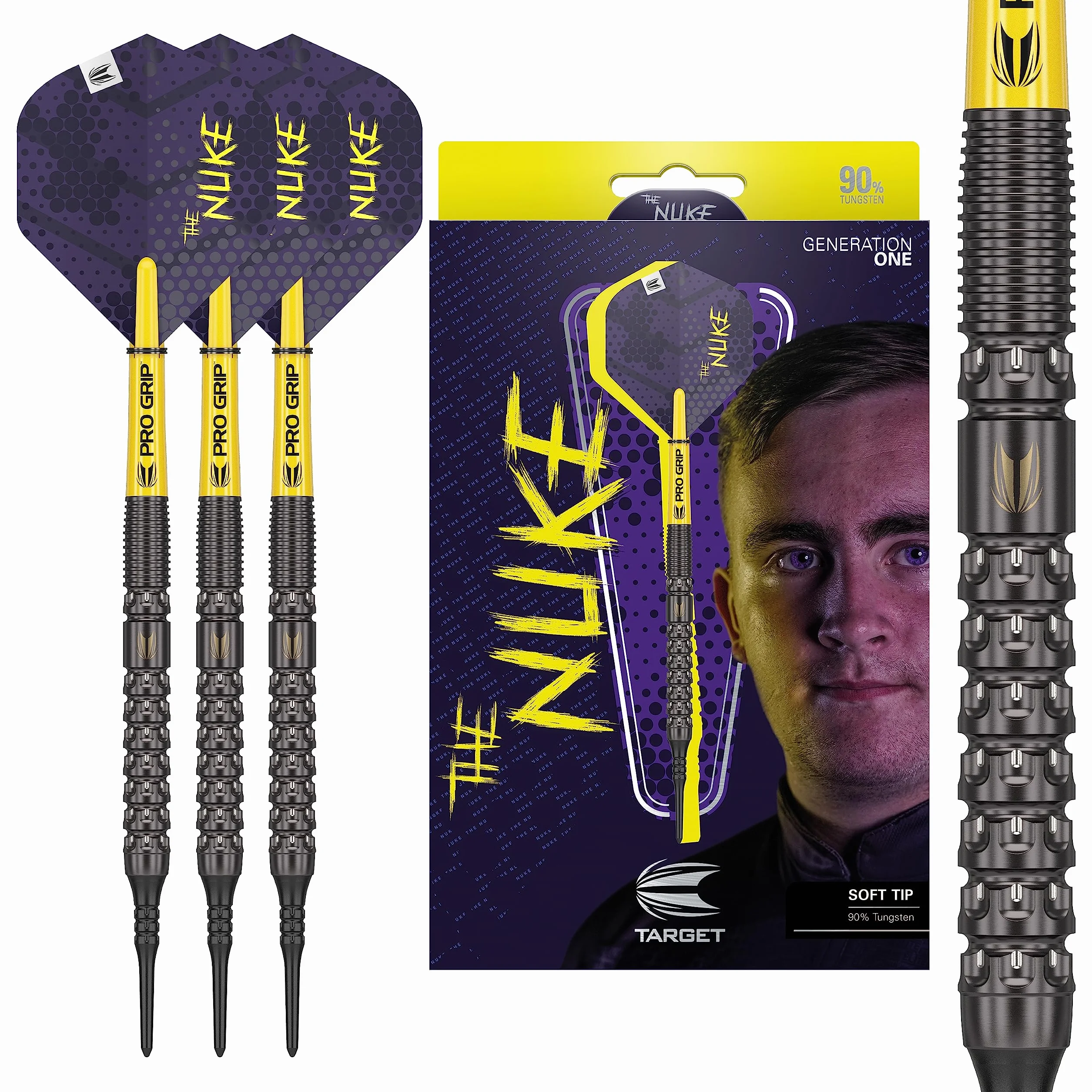 Target Darts Luke Littler Gen 1 Soft Tip Darts, 90% Tungsten Dart, 19G | Pixel Tip Dart Set, Player Edition Soft Tip Elektronische Dart Set met Pro Grip Schachten en Nr. 2 Flights