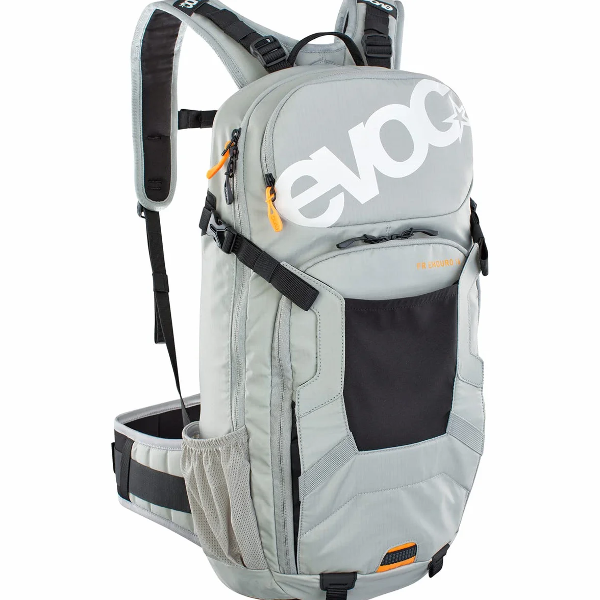 Plecak rowerowy EVOC FR ENDURO 16, plecak na wycieczki rowerowe (LITESHIELD BACK PROTECTOR 95%, uchwyt na kask, ochraniacze, komora na narzędzia, komora na bukłak 3l, rozmiar: M/L), kamienno-szary