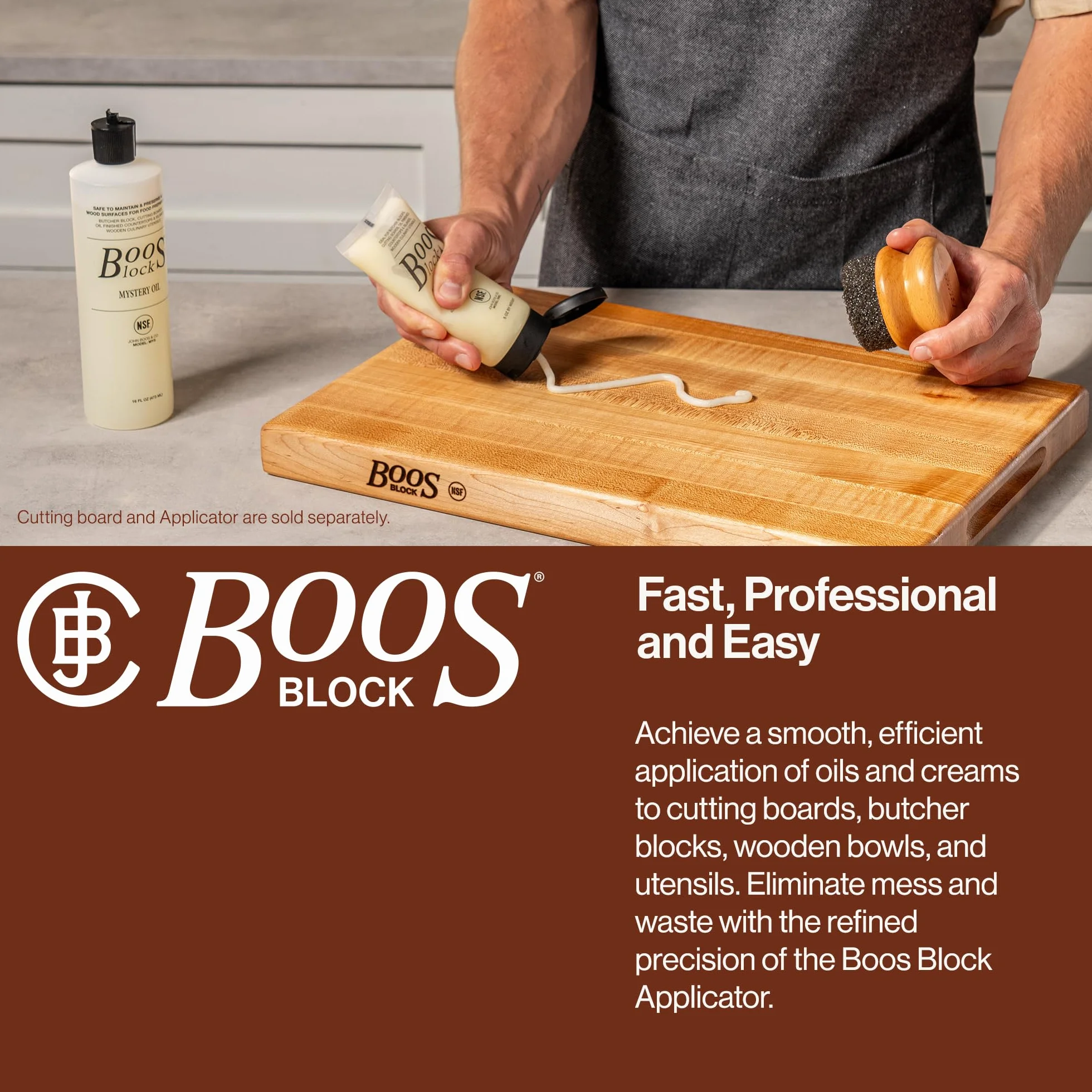 Boos Block s® MYSCRM Mystery Oil olejek pielęgnacyjny i krem do pielęgnacji Board Cream firmy John Boos, butelka 473 ml Mystery Oil (olej do drewna) i 148 ml krem do drewna z woskiem pszczelimm)