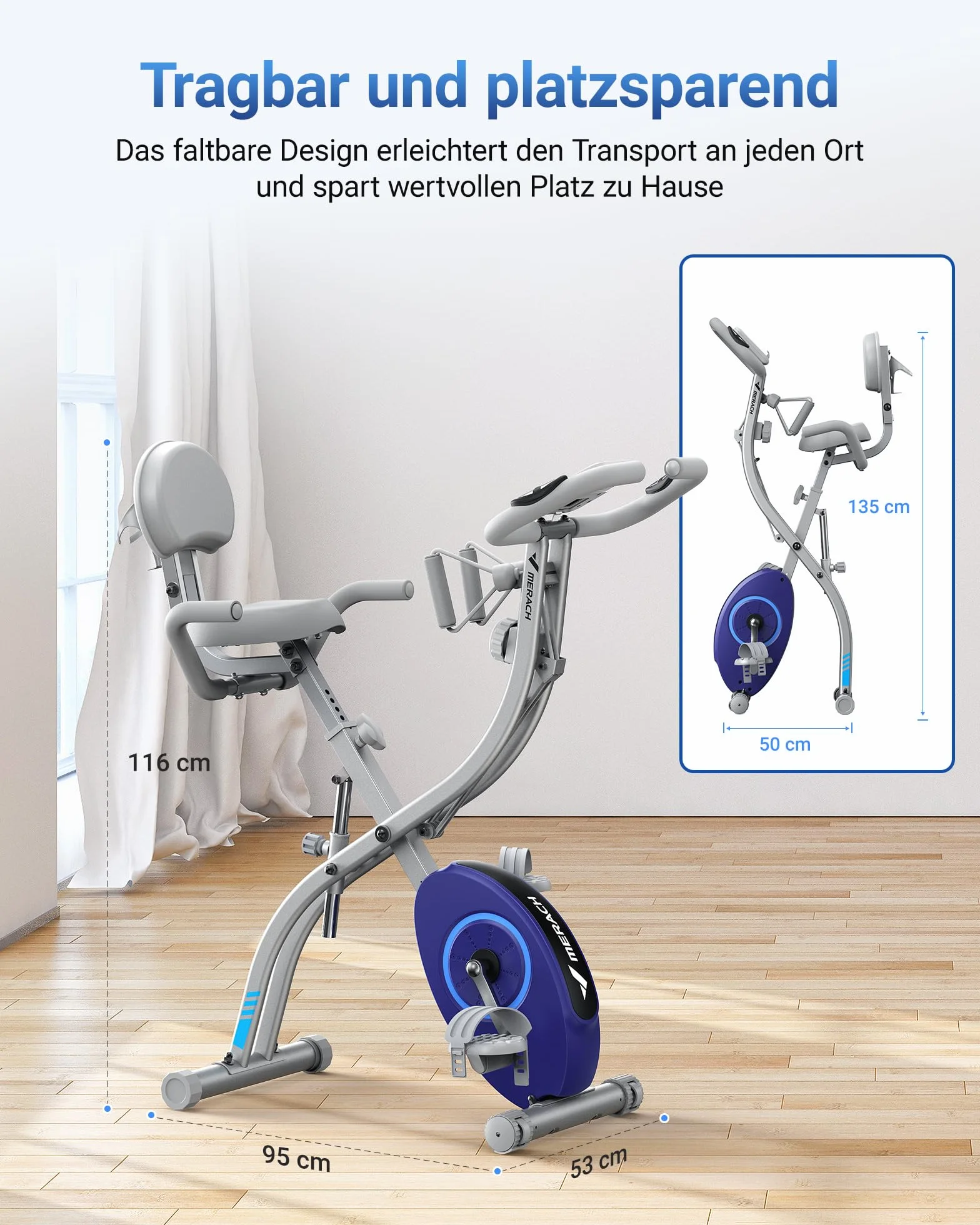 MERACH Rower domowy 4 w 1, składany, z monitorem LCD i pomiarem pulsu w dłoni, magnetyczny ergometr domowy z wygodną poduszką do siedzenia, rower fitness do domu, oszczędność miejsca