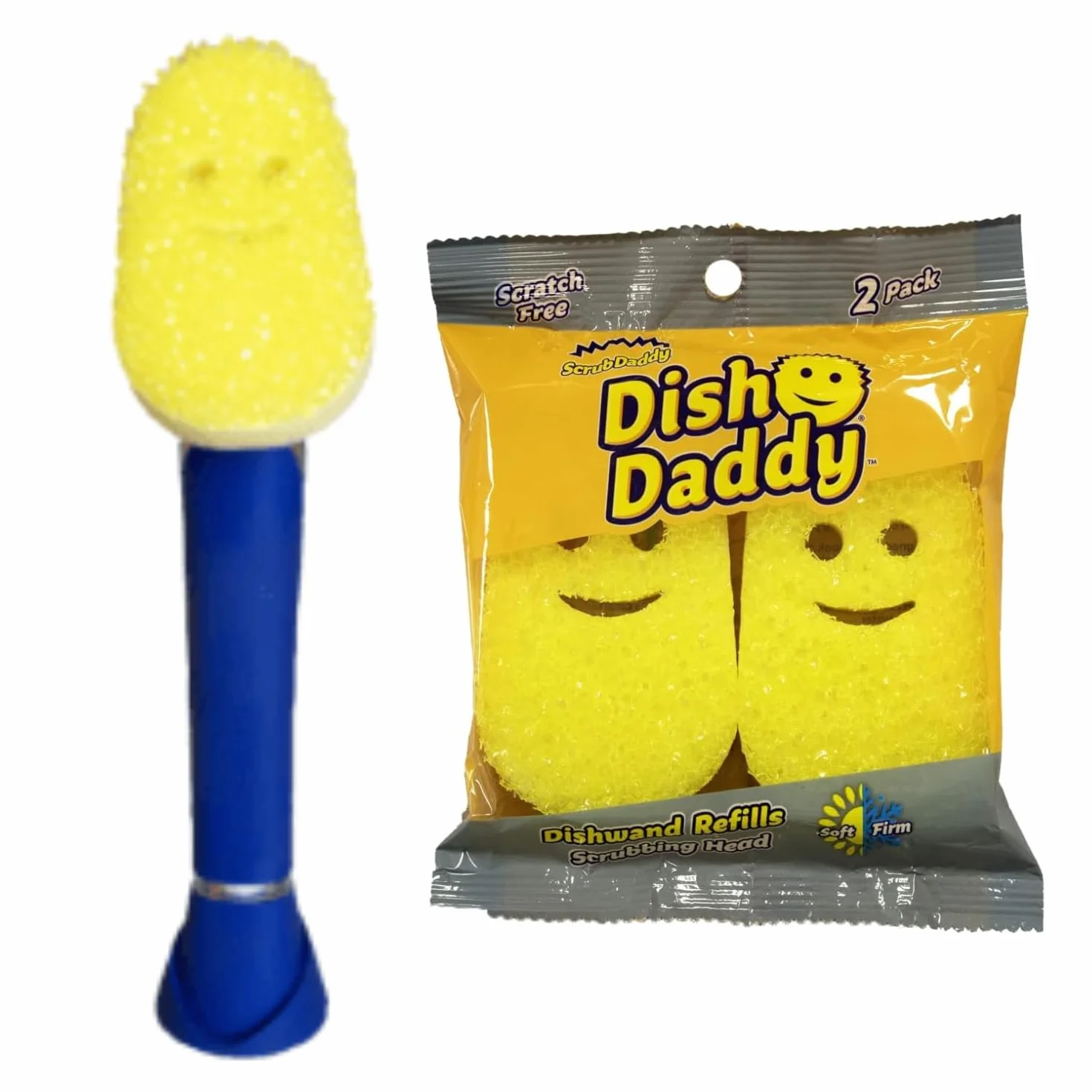 Scrub Daddy Dish Daddy Różdżka do naczyń i głowice uzupełniające, szczotka do dozowania mydła, gąbka do mycia zmieniająca teksturę z uchwytem płynu, gąbka do naczyń z wbudowanym skrobakiem i głowicą