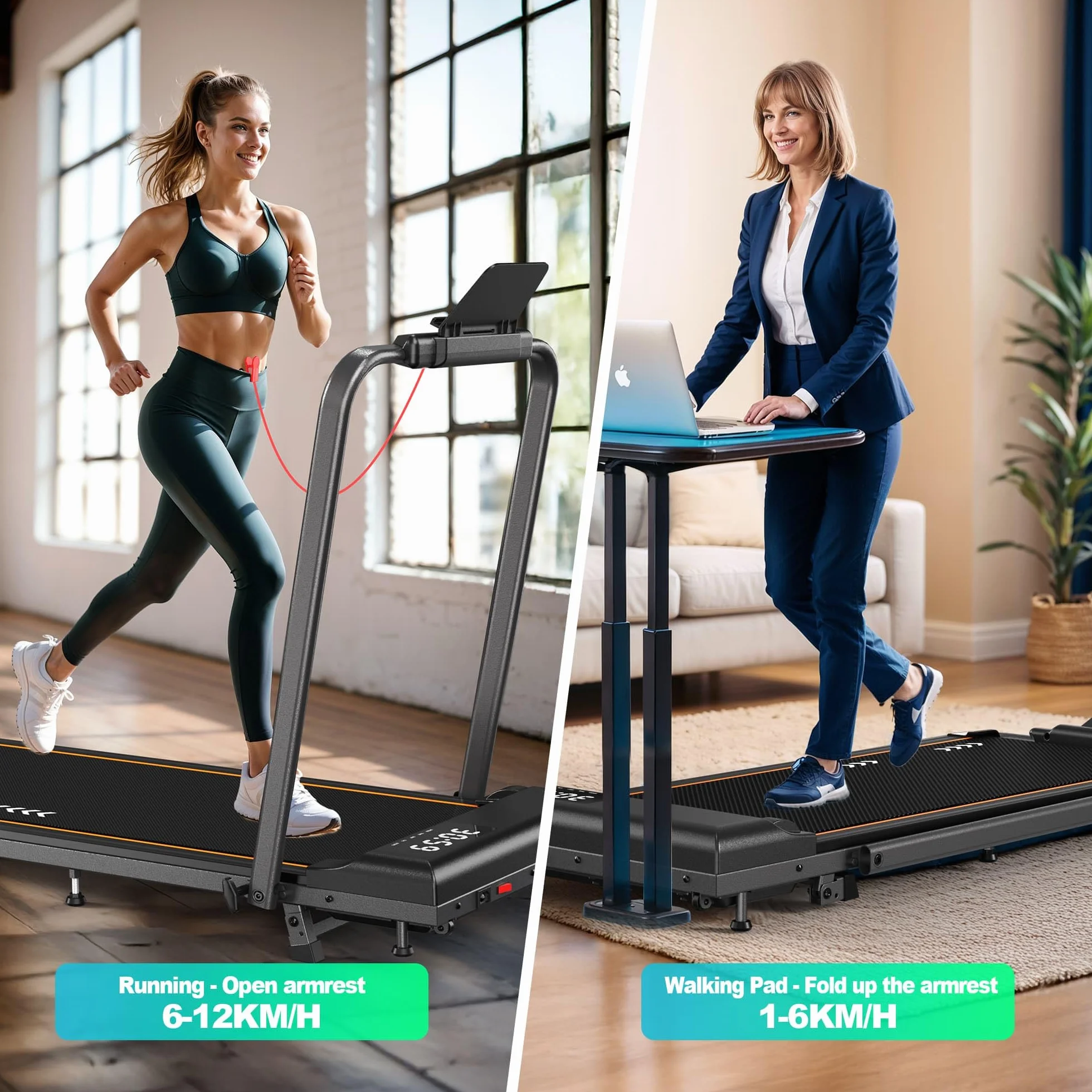 Walking Pad bieżnia do domu, bieżnia o nachyleniu 7%, silnik 2,25 HP, prędkość 1-6 km/h lub 12 km/h, 7-warstwowa powierzchnia bieżna, bez montażu