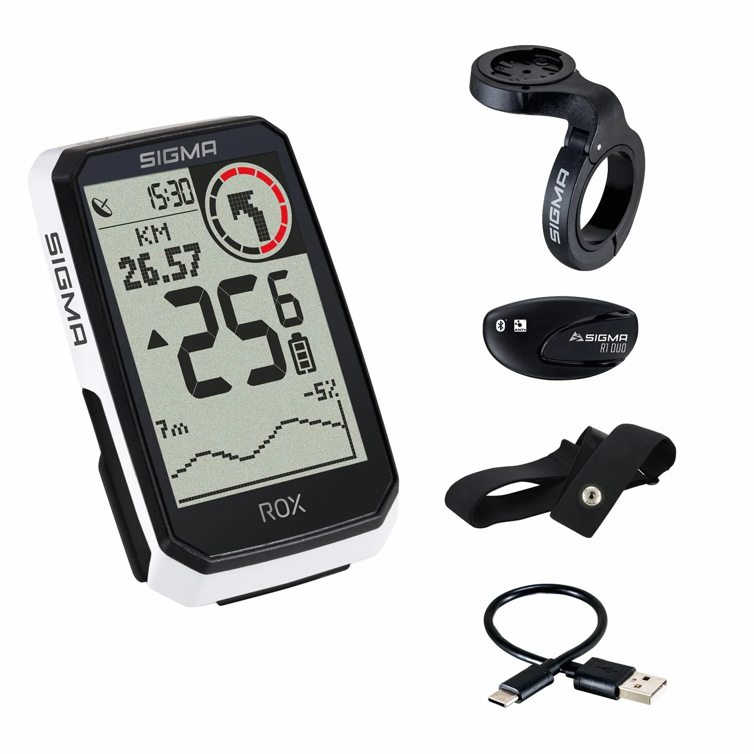 SIGMA ROX 4.0 Endurance White HR Set | komputer rowerowy GPS z czujnikiem tętna i przyciskiem OVERCLAMP | czas pracy baterii 41 h, kompatybilny z 30 funkcjami, takimi jak pomiar wysokości i prędkości