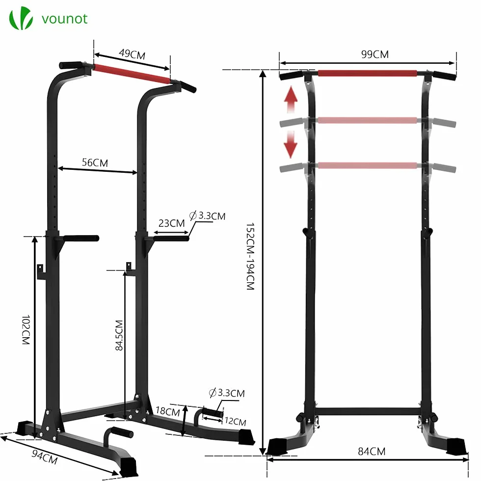VOUNOT Power Tower, Dip Station Pull Up Bar do domowej siłowni treningu siłowego, sprzęt treningowy, czarny, 1 osoba, 6544236249111