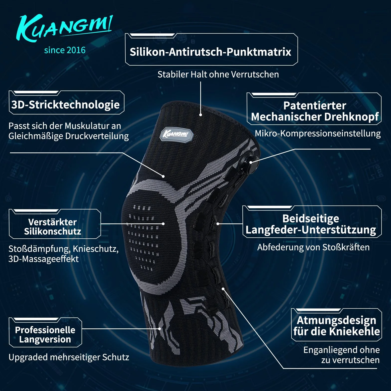 Kuangmi Stabilizator Kolana z Mechanicznym Pokrętłem – Regulowana Kompresja dla Lepszej Stabilizacji i Łagodzenia Bólu, do Sportu i Codziennego Użytku, B-L-XL