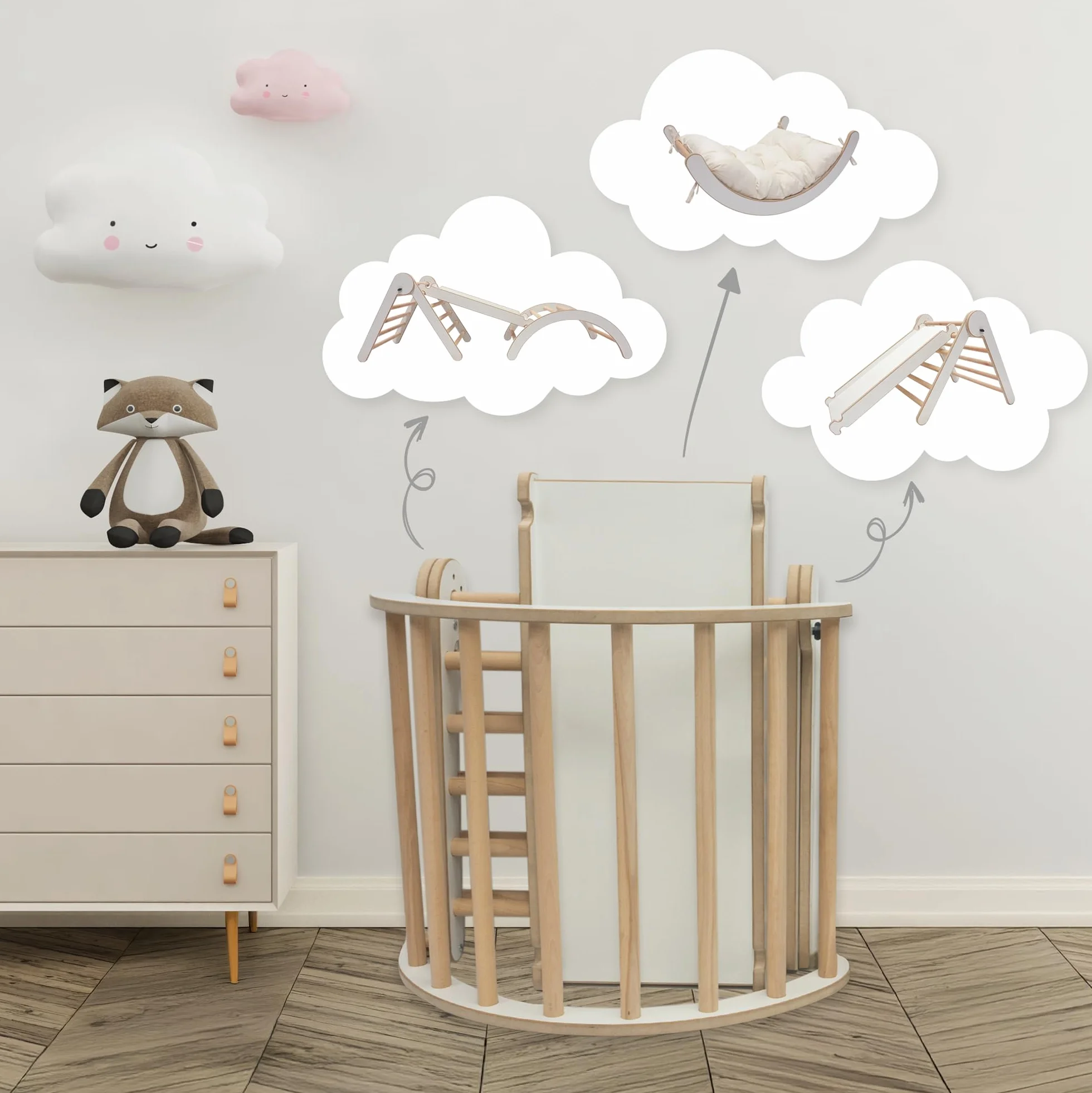 MAMOI® Zestaw Wspinaczkowy 4 w 1. Bujak + Zjeżdżalnia + Trójkąt + Poduszka, Zestaw Montessori z poduszkami, kryty plac zabaw dla dzieci 1-3 lat i zjeżdżalnia.