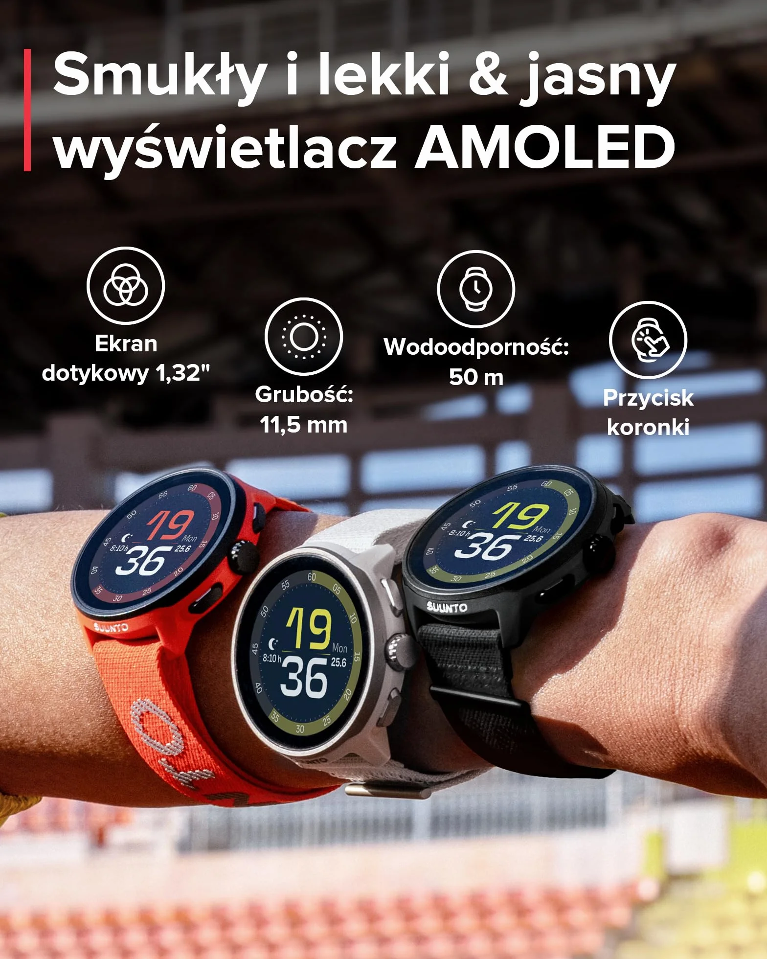 SUUNTO Run zegarek do biegania GPS AMOLED 1,32" multisport monitor aktywności śledzenie tętna/snu bateria 12 dni pamięć muzyczna 4 GB