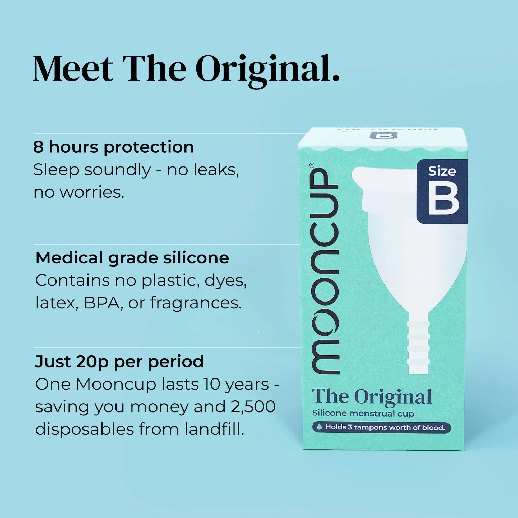 Mooncup Oryginalny silikonowy kubeczek menstruacyjny, wielokrotnego użytku, ultramiękki i łatwy w użyciu, idealny na obfite krwawienia, rozmiar B, wiek 30 lat lub mniej (opakowanie 1 szt.)