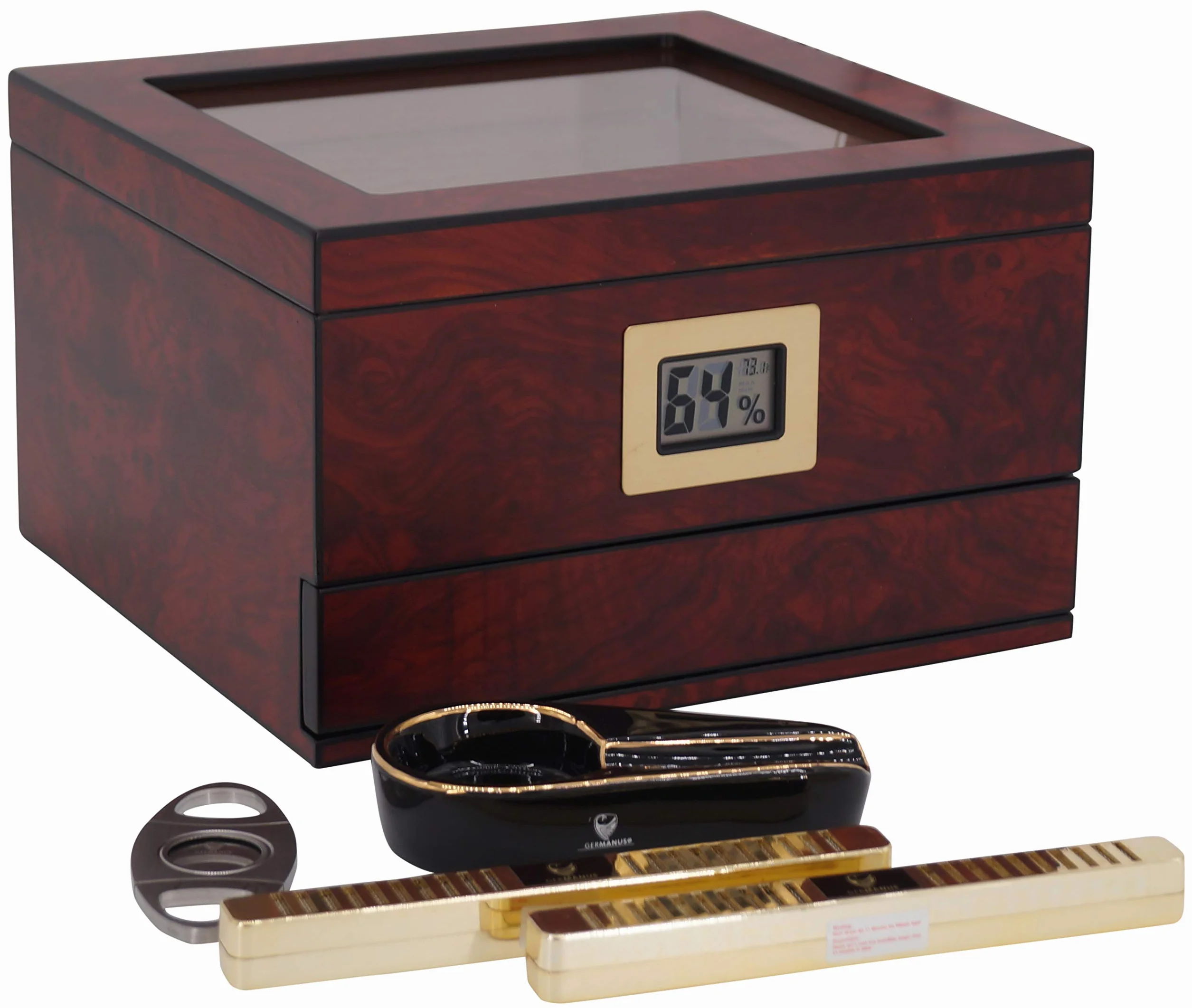 GERMANUS Humidor con higrómetro, cenicero de puros, cúter.