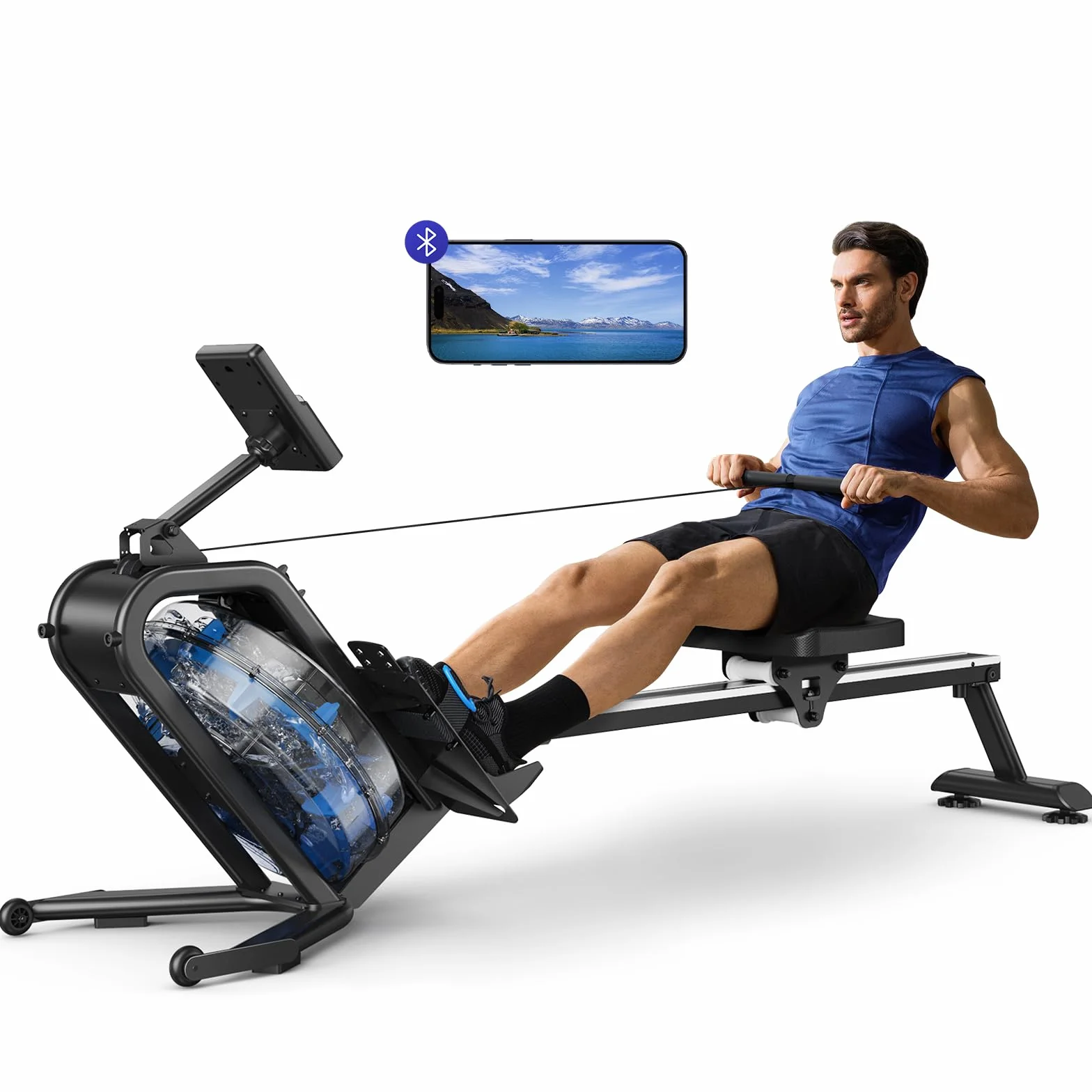 MERACH Wioślarz wodny do domu, z nachyleniem 45°, zwiększony opór, nośność 160 kg, z połączeniem Bluetooth