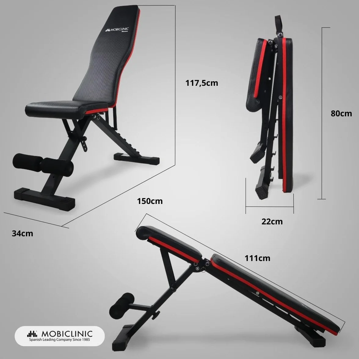Mobiclinic® fitness, Ławka treningowa, Składana, Udźwig 200 kg, Regulowane siedzisko i oparcie, Flexfit, Wielofunkcyjna, Trening całego ciał, Mocna stabilna, Domowa łownia
