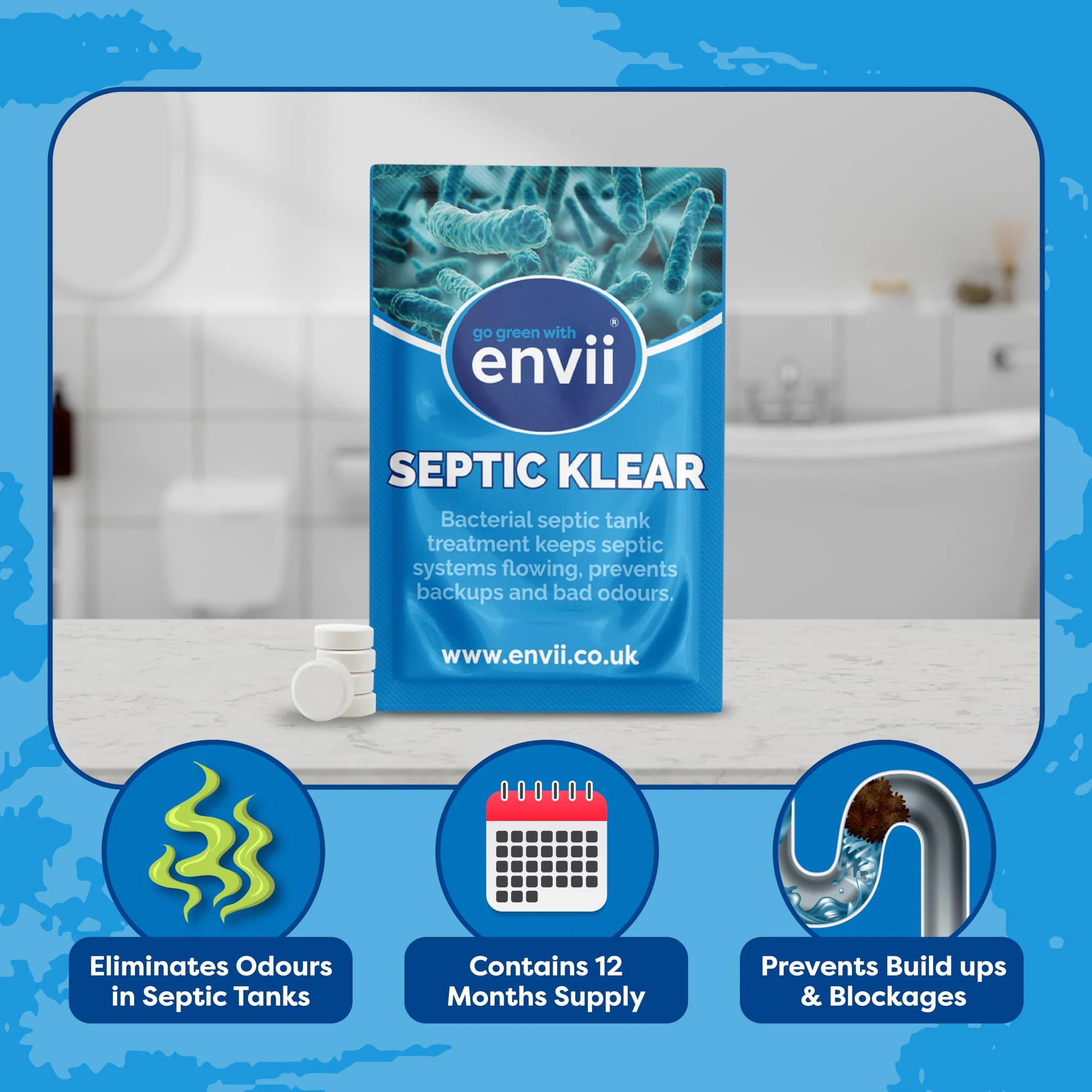 envii Septic Klear - Środek czyszczący do szamba Tabletki z bakteriami i enzymami Usuwa zapachy i odblokowuje Szambo Pielęgnacja (12 tabletek)