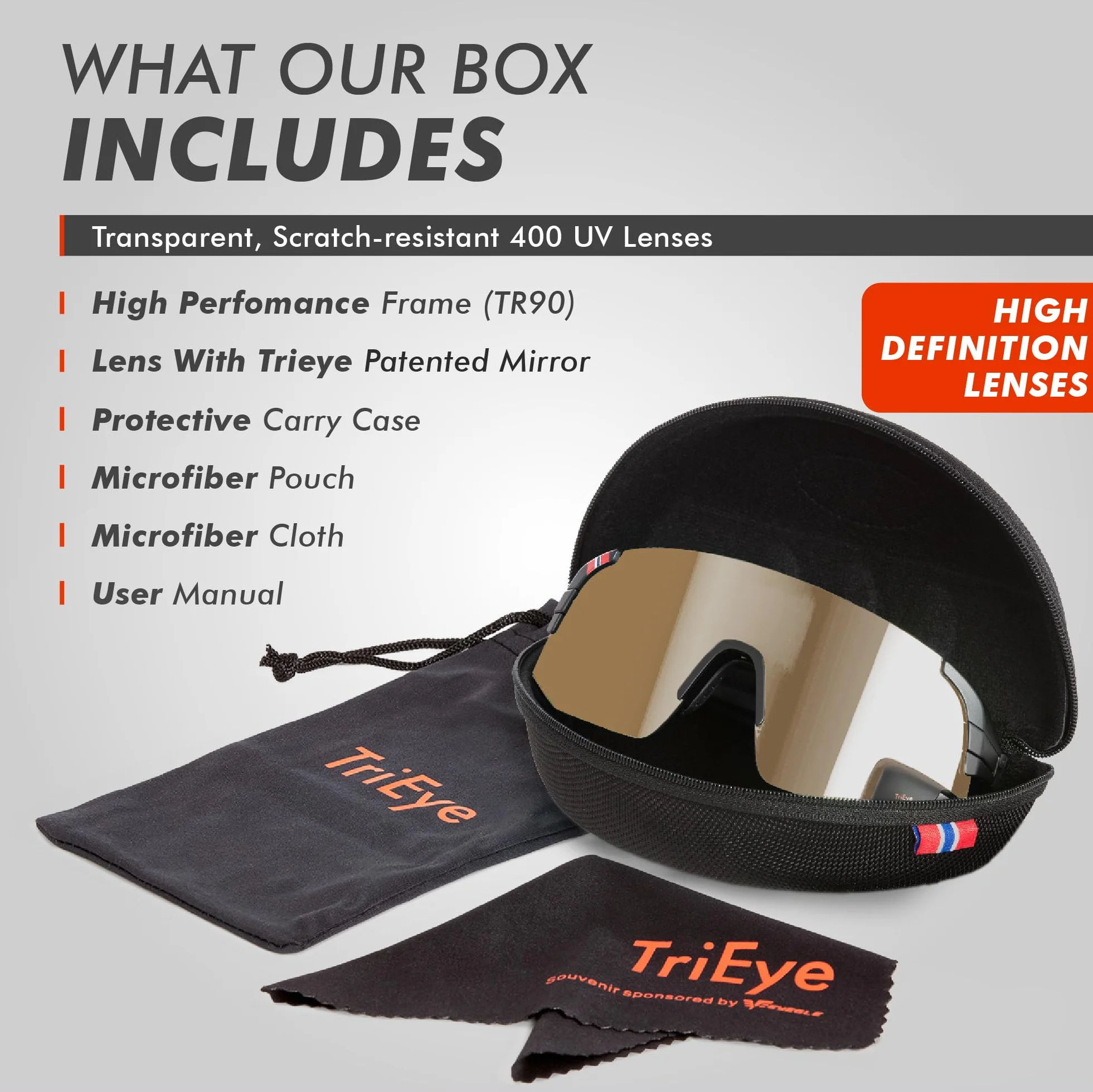 TriEye View Sport Okulary Sportowe Regulowane lusterko Oprawka TR90 Soczewki UV400 Lekkie Wygodne