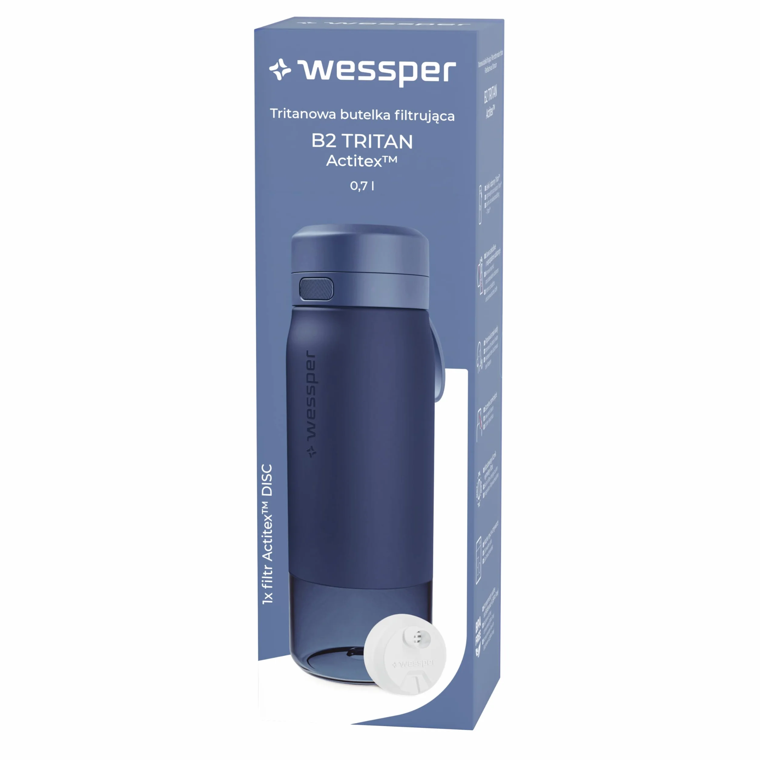 Wessper Butelka na wodę z filtrem, butelka z tritanu z filtrem dyskowym, 700 ml, bez BPA, Szczelny Bidon do picia na zewnątrz-idealna do szkoły, sportu, na siłownię- Niebieski
