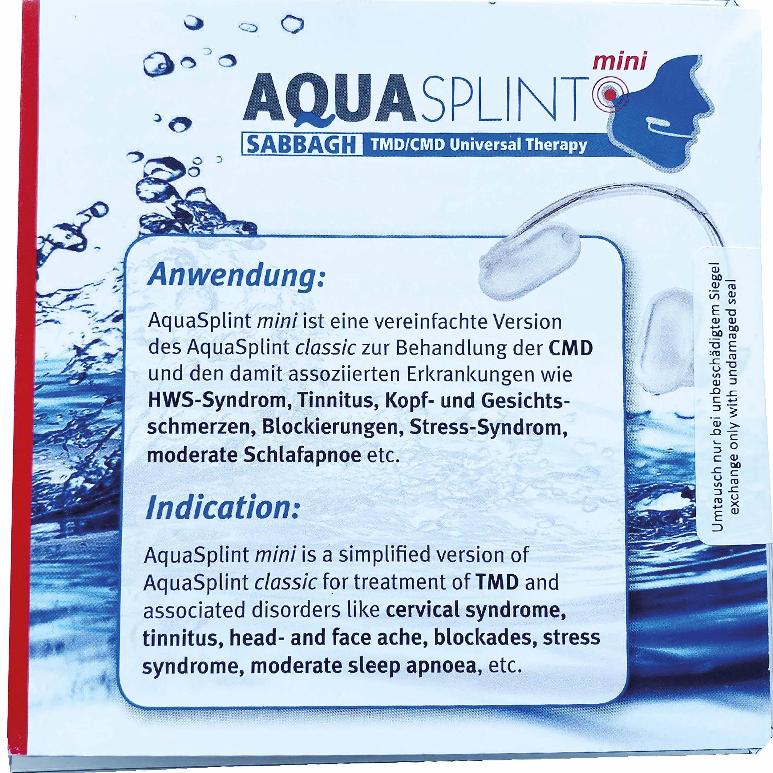 AquaSplint mini samoregulująca szyna do zagryzania, cienka szyna do zagryzania wypełniona wodą do leczenia zespołu CMD