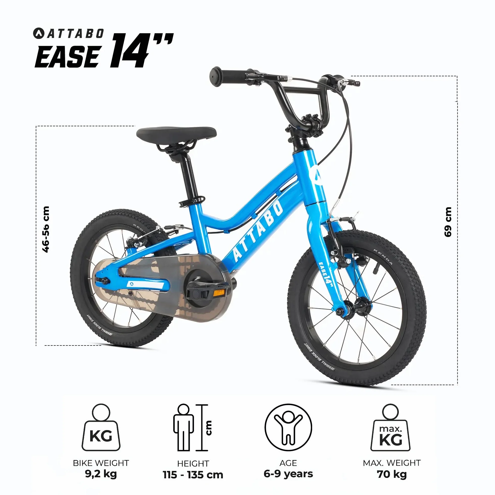 ATTABO Ease 14 – rower dziecięcy (2-5 lat) z lekką ramą aluminiową, koła 14", odpowiedni do wzrostu 85-110 cm, obciążenie tylko 7 kg, obciążenie do 50 kg, ergonomiczny i stabilny