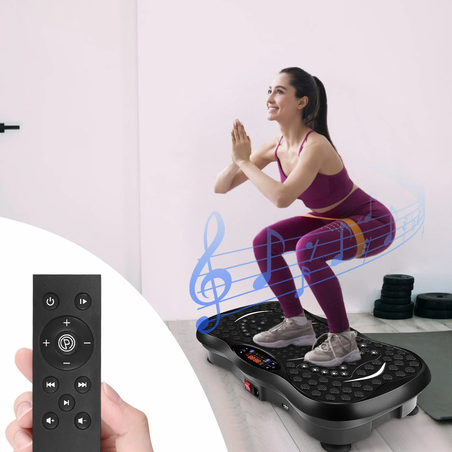 EVOLAND Płyta wibracyjna urządzenia wibracyjne z 5 programami treningowymi do 99 poziomów intensywności, głośnik Bluetooth, taśmy oporowe z uchwytem do treningu całego ciała i modelowania ciała
