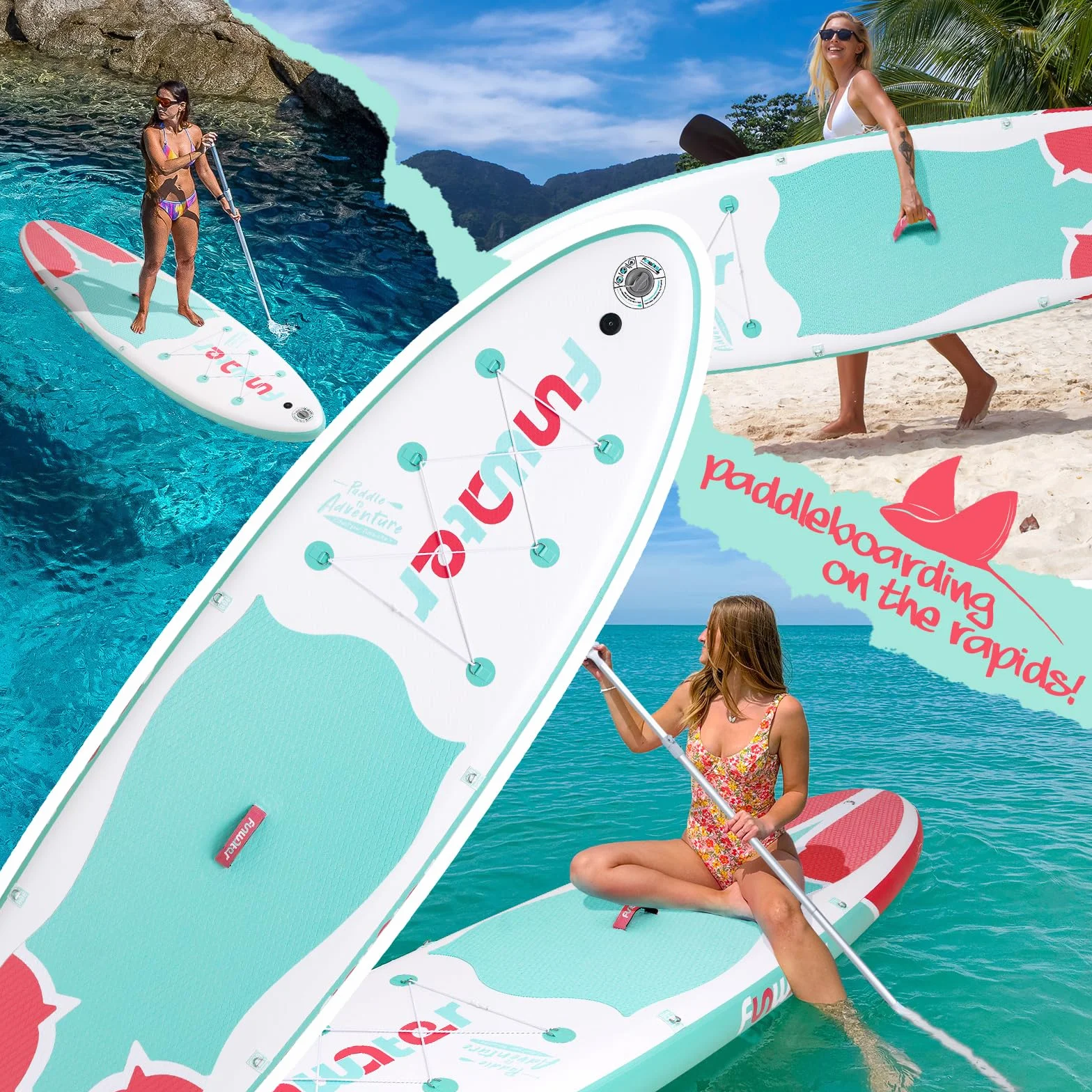 FunWater Nadmuchiwana Deska Do Wiosłowania Na Stojąco SUP Kompletne Akcesoria Regulowane Wiosło Pompka Plecak Smycz Wodoodporna Torba