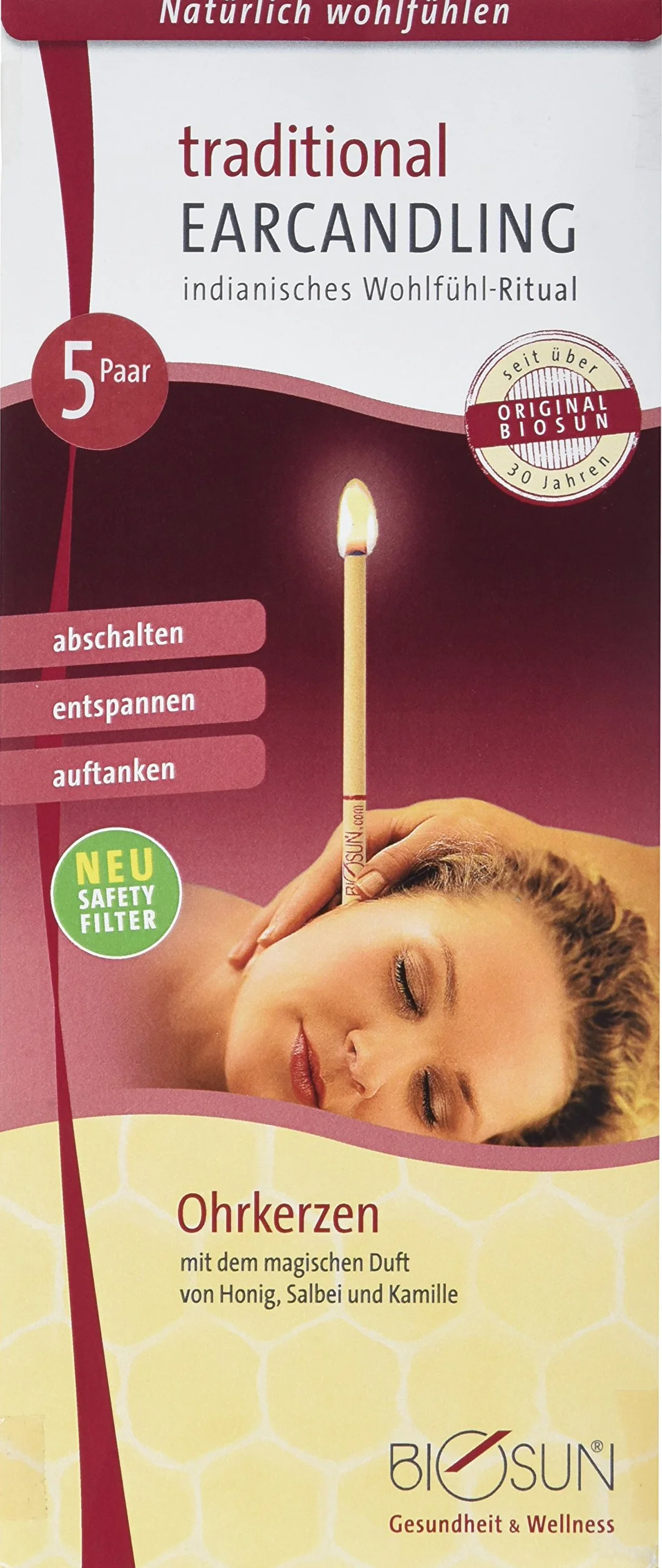 10 sztuk (5 par) Oryginalne tradycyjne świece do uszu BIOSUN z filtrem zabezpieczającym. Z magicznym zapachem miodu, szałwii i rumianku