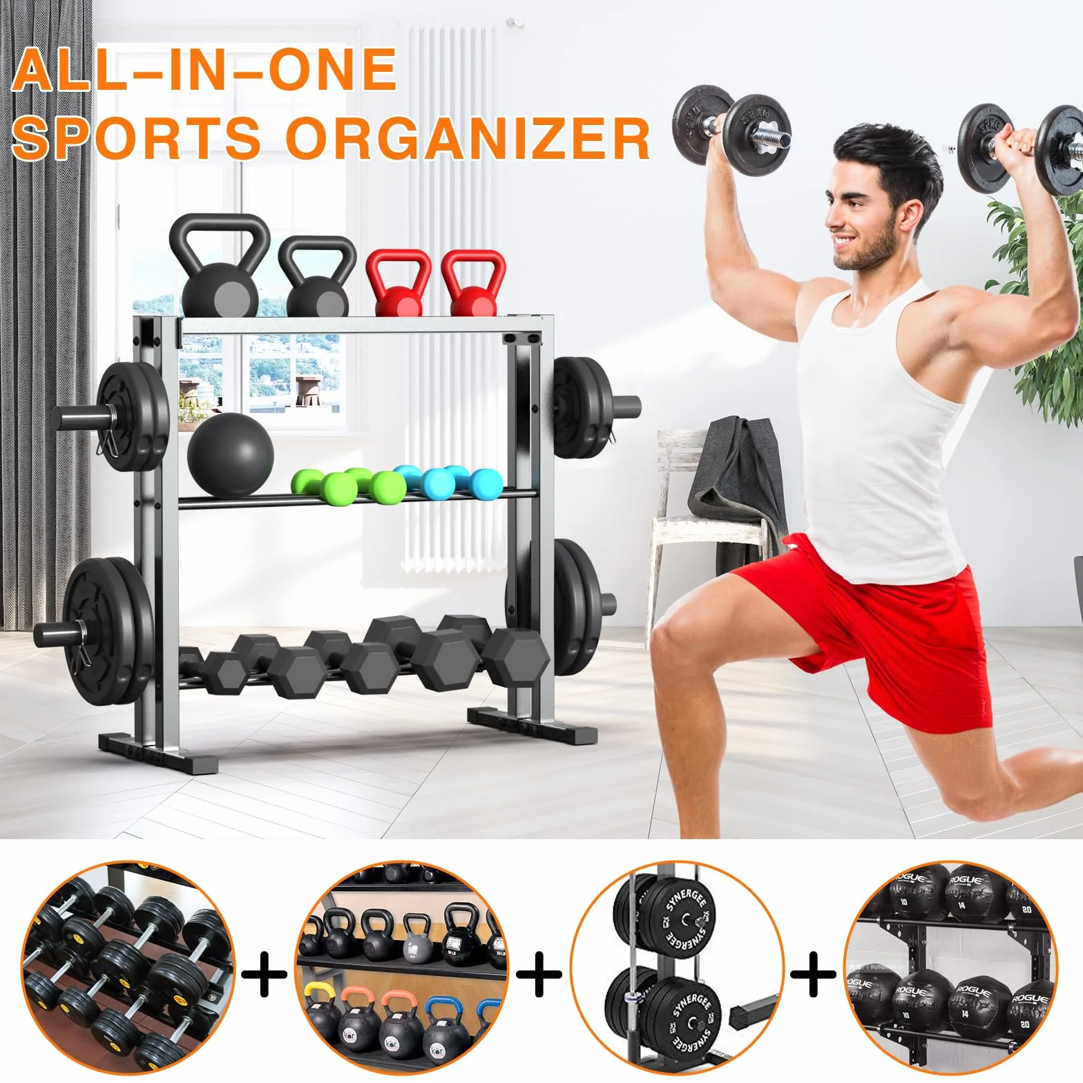 WINNOW Stojak na hantle, 3-poziomowy stojak do przechowywania hantli, talerzy obciążeniowych i kettlebells