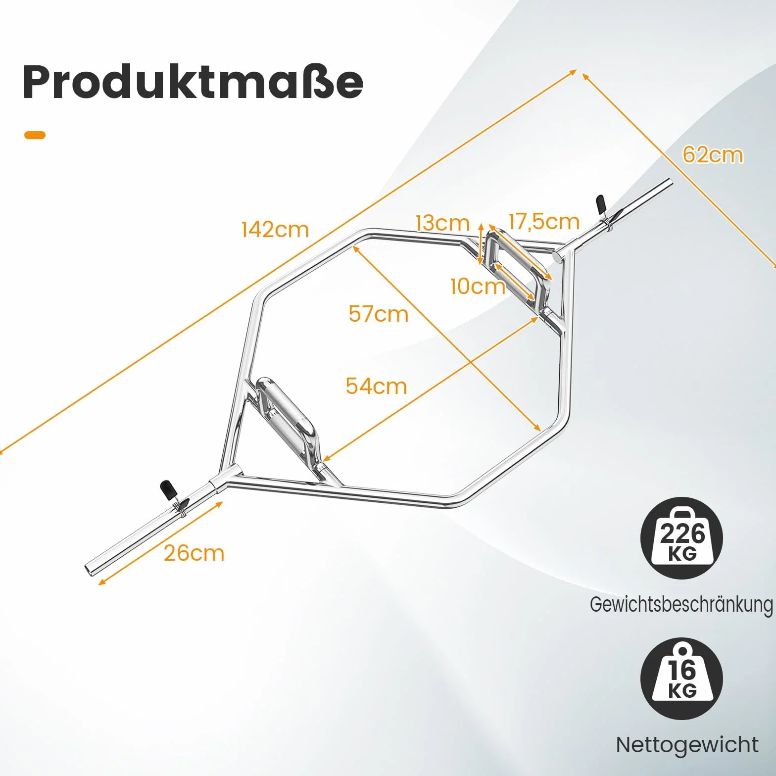 COSTWAY Trap Bar 142 cm Sztanga do Hantli z Uchwytem Sześciokątnym 25 mm, Obciążenie do 226 kg