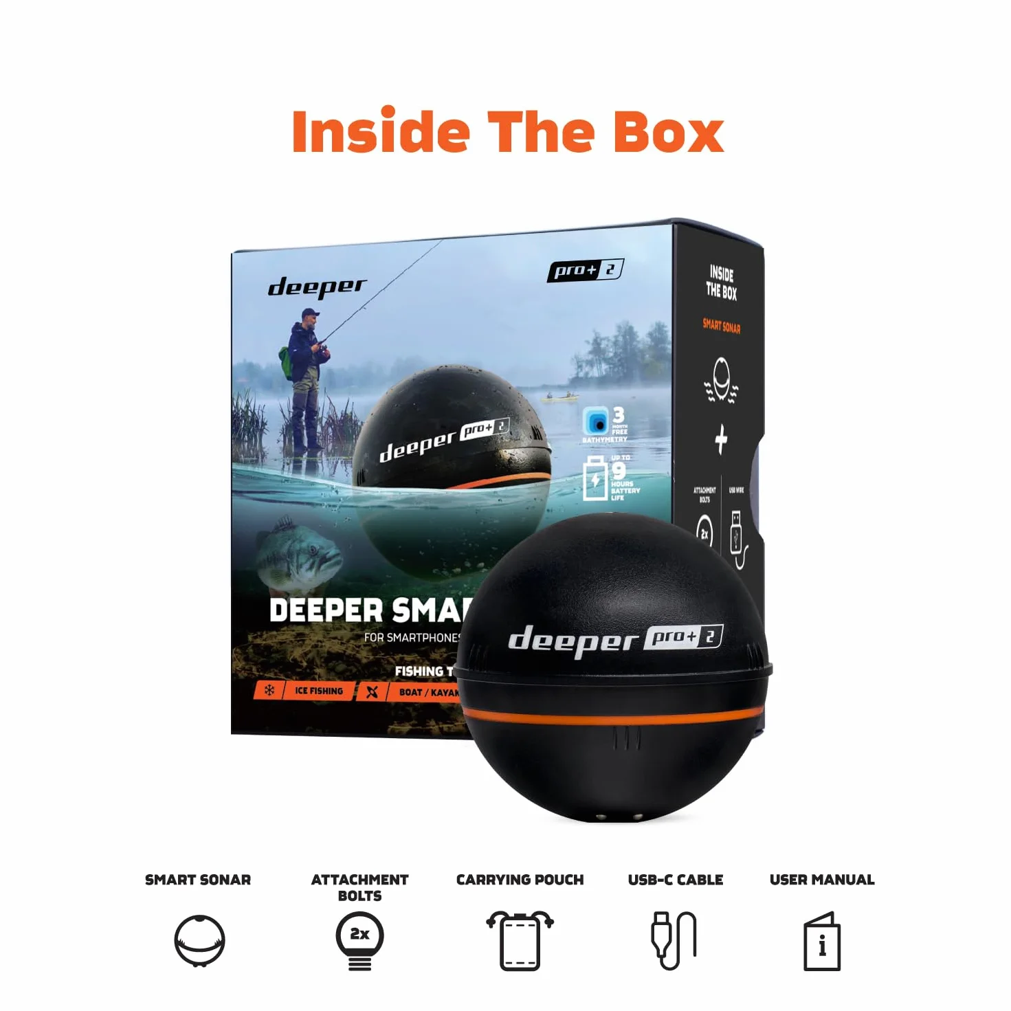 Deeper Smart Sonar Pro+ 2 echosonda echosonda – z miernikiem głębokości i nadajnikiem GPS | wędkowanie w kajaku, łodzi lub podczas łowienia ryb na lodzie | z bezpłatną aplikacją