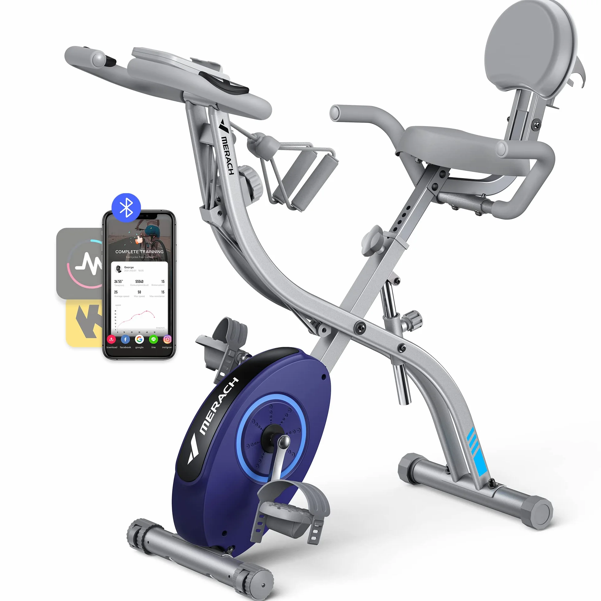 MERACH Rower domowy 4 w 1, składany, z monitorem LCD i pomiarem pulsu w dłoni, magnetyczny ergometr domowy z wygodną poduszką do siedzenia, rower fitness do domu, oszczędność miejsca