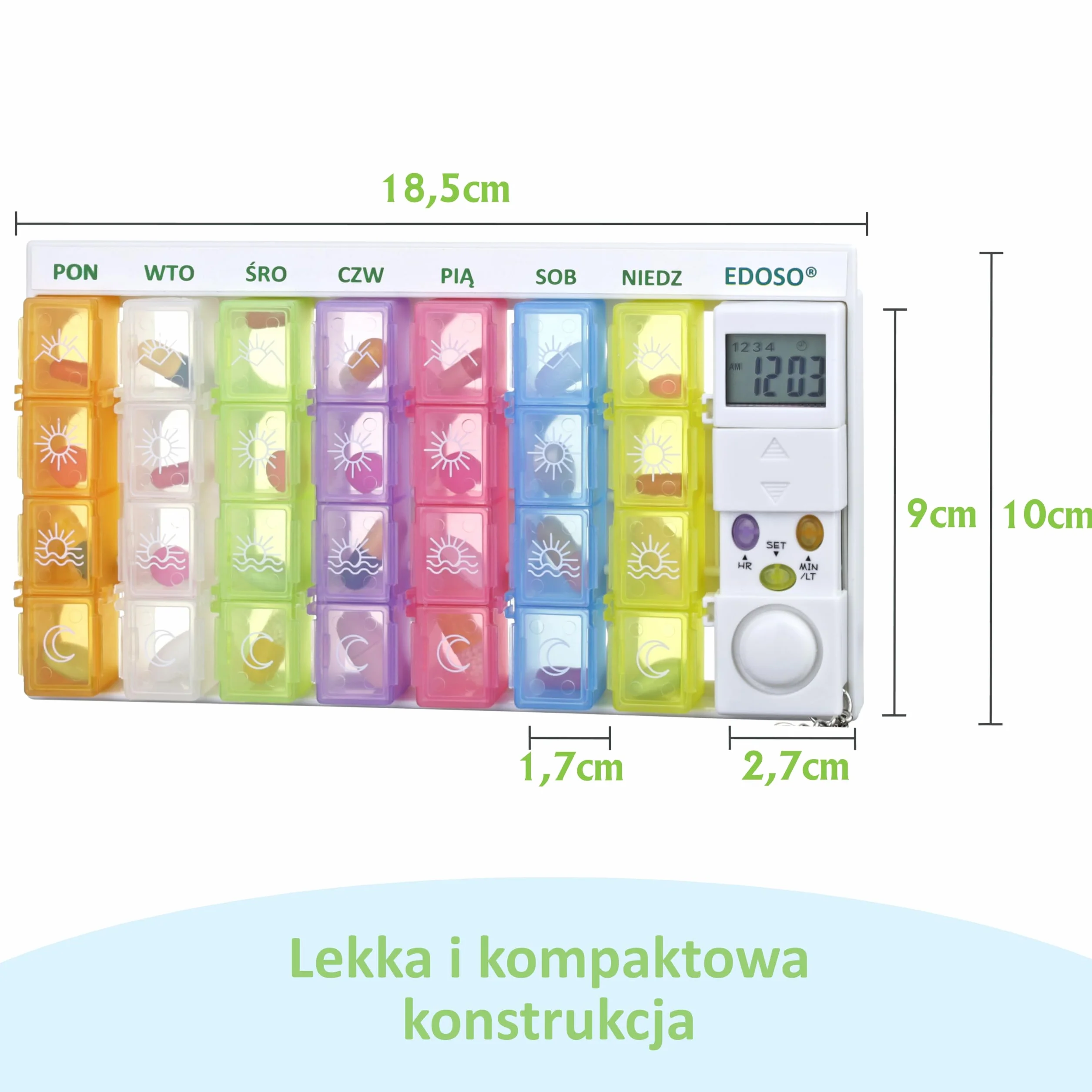 Dozownik leków na 7 dni z alarmem | Pudełko na lekarstwa na tabletki tygodniowe z timerem i budzikiem do przypomnienia | Polski opis | Wzmocniony dźwięk alarmu | Pojemniki na tabletki kolorowe