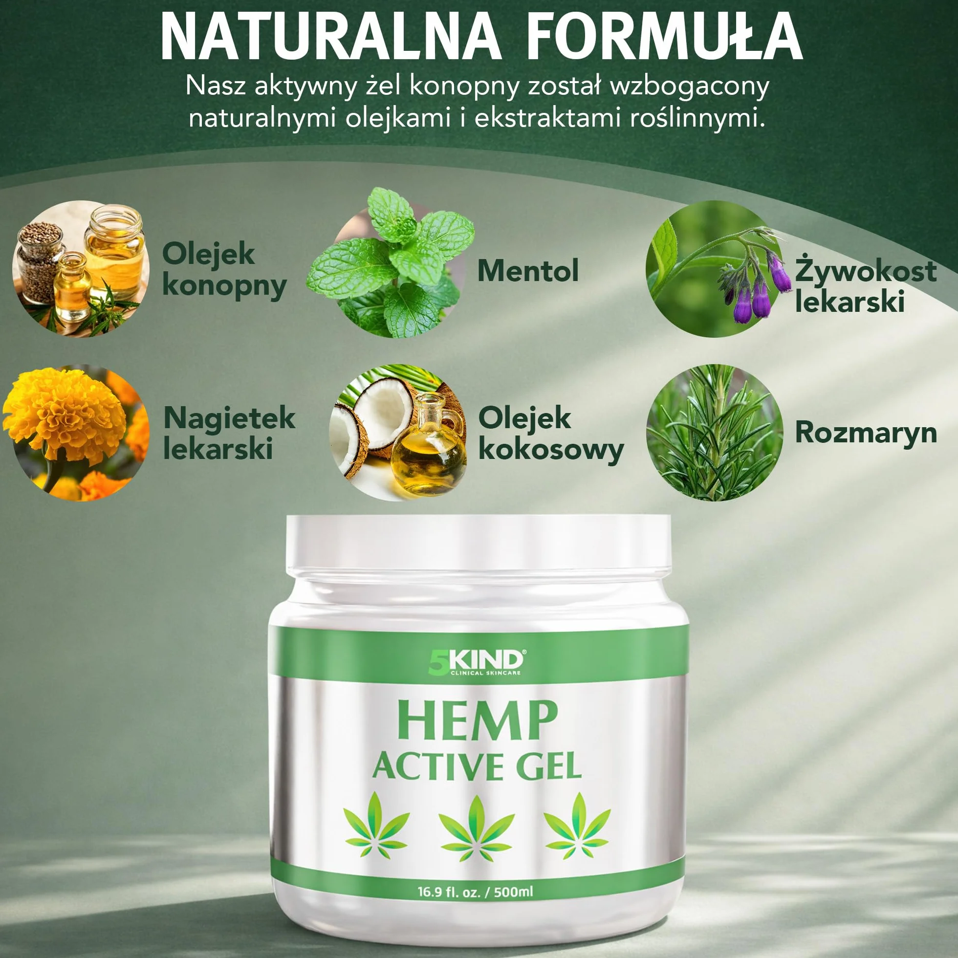 5kind uspokajający aktywny żel konopny do mięśni i stawów – bardzo skuteczna, uspokajająca formuła z olejkiem konopi i naturalnymi ekstraktami, uspokaja stopy, kolana, plecy, ramiona 500 ml