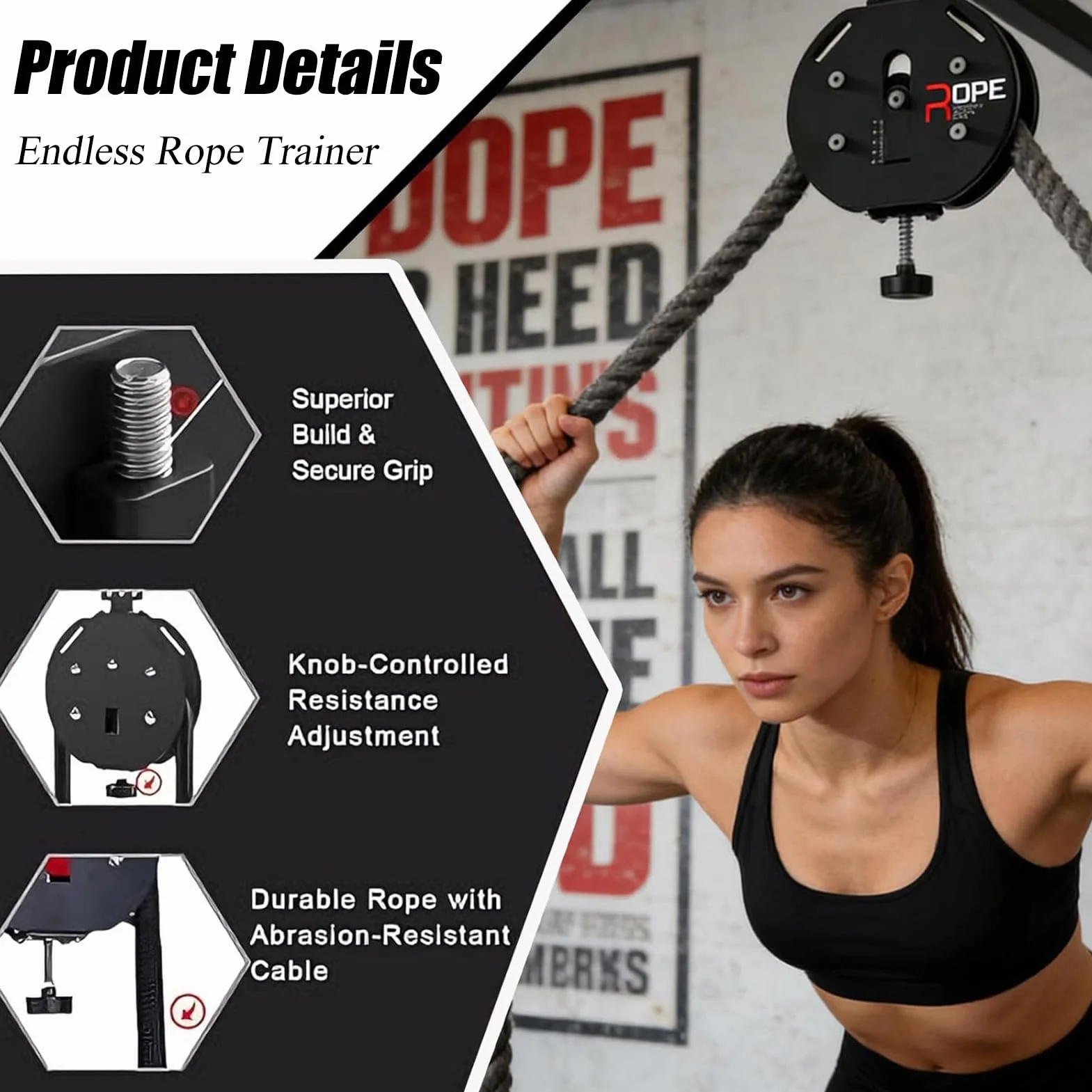 Endless Rope trener linowy, z regulowanym oporem, linka nylonowa klasy premium, 400 cm, do ćwiczeń chwytu, ramion, pleców i koordynacji