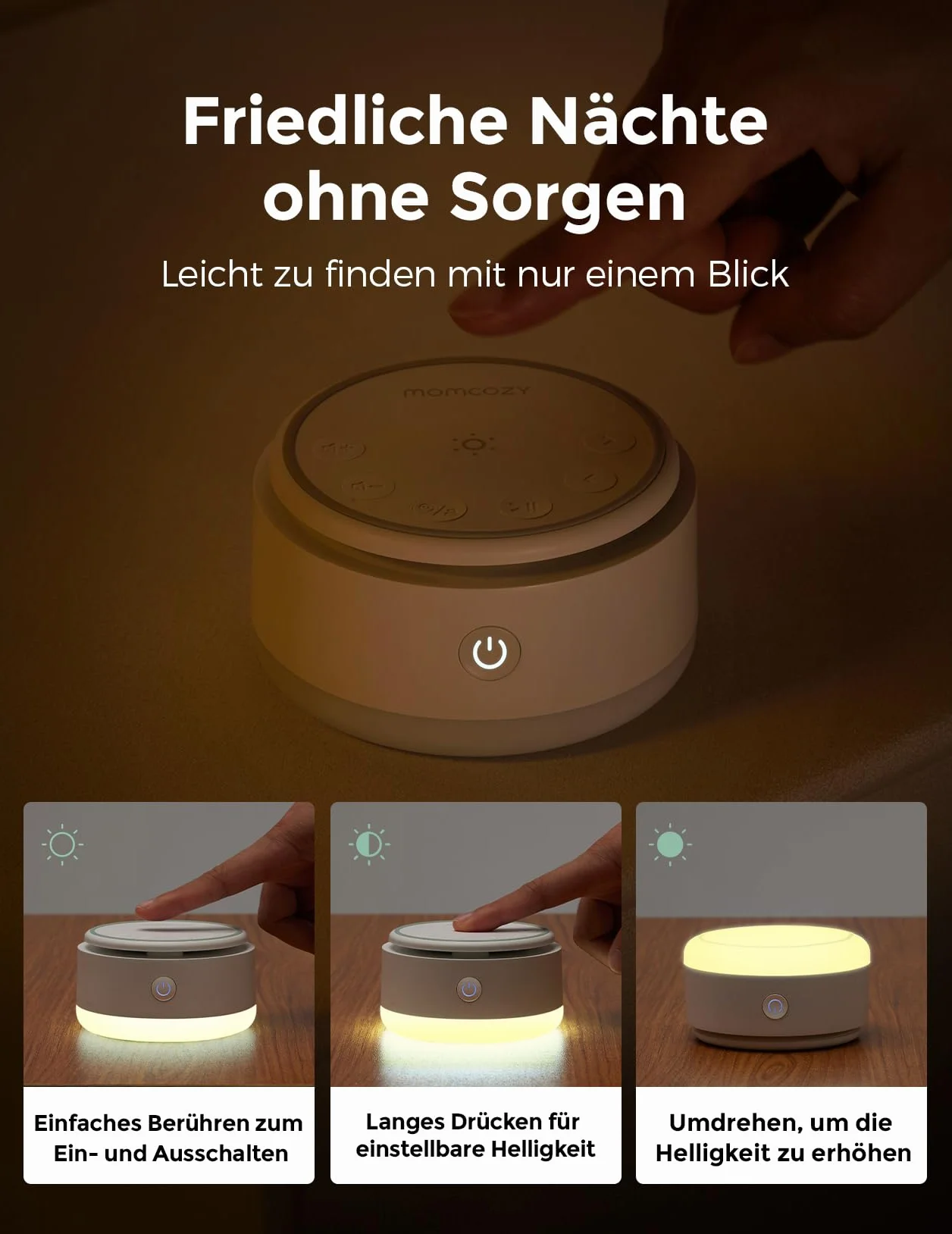 Momcozy Geräuschmaschine dla niemowląt – 20 Kojących Dźwięków i Dotykowe Światło, Przenośny Biały Hałas dla Dzieci i Dorosłych, Timer Do Zasypiania i Przypomnienie | Idealny Towarzysz Podróży (Żółty)