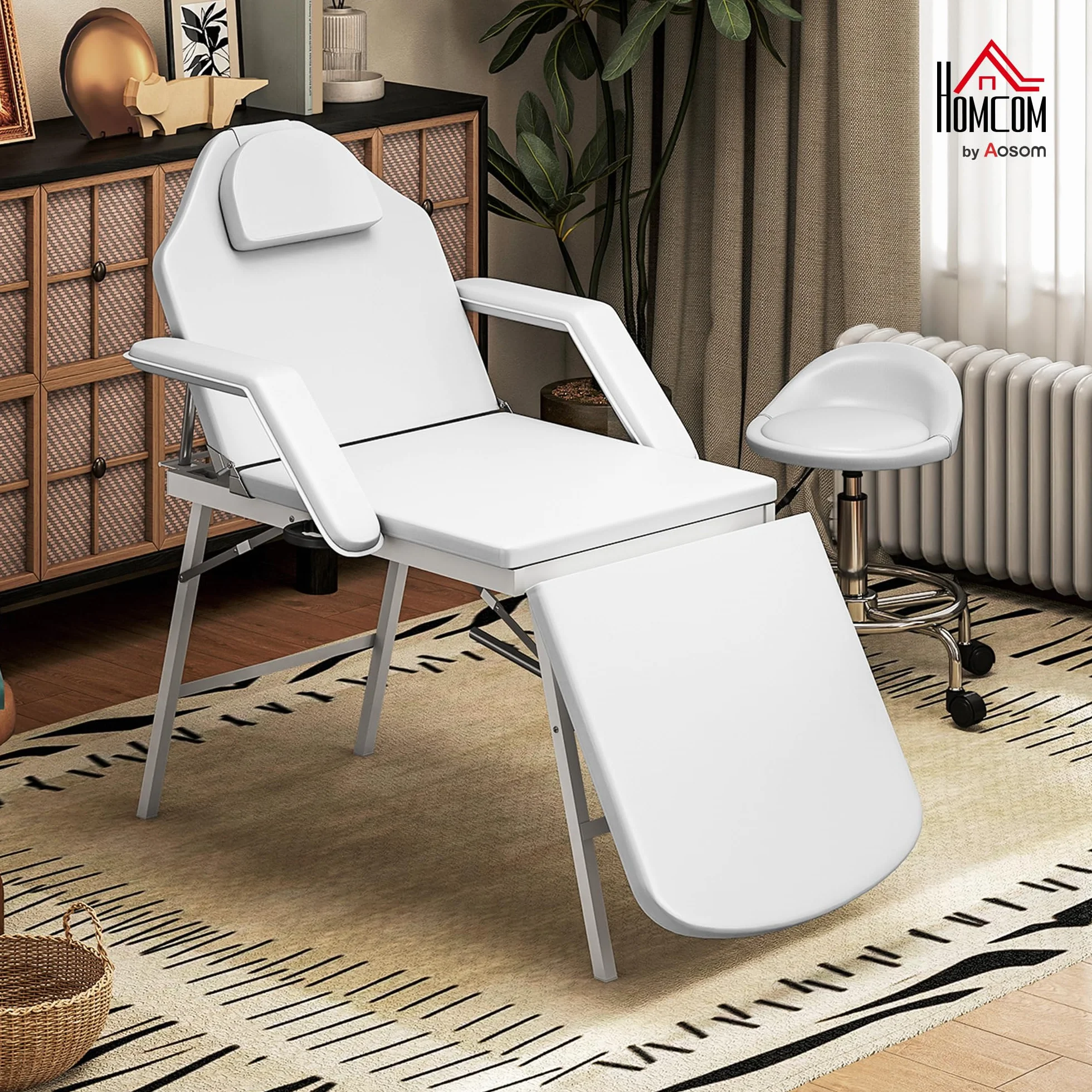 HOMCOM Portable Massage Table, 3 Section Adjustable Beauty Bed, Foldable Massage Bed with Headrest, Padded Armrests for Spa, Lash, Tattoo, White