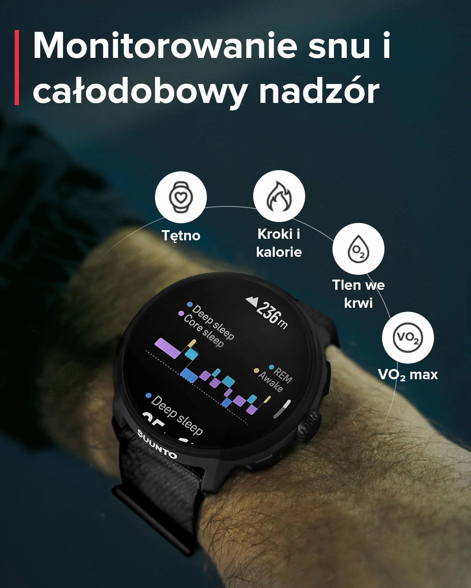 SUUNTO Run zegarek do biegania GPS AMOLED 1,32" multisport monitor aktywności śledzenie tętna/snu bateria 12 dni pamięć muzyczna 4 GB