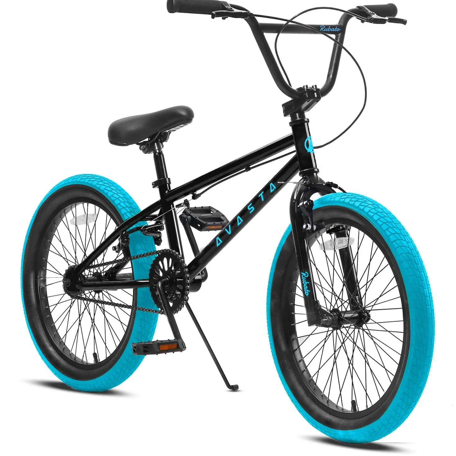 AVASTA Rower dziecięcy Freestyle BMX 18", dla chłopców i dziewczynek, kolor czarny z niebieskimi oponami