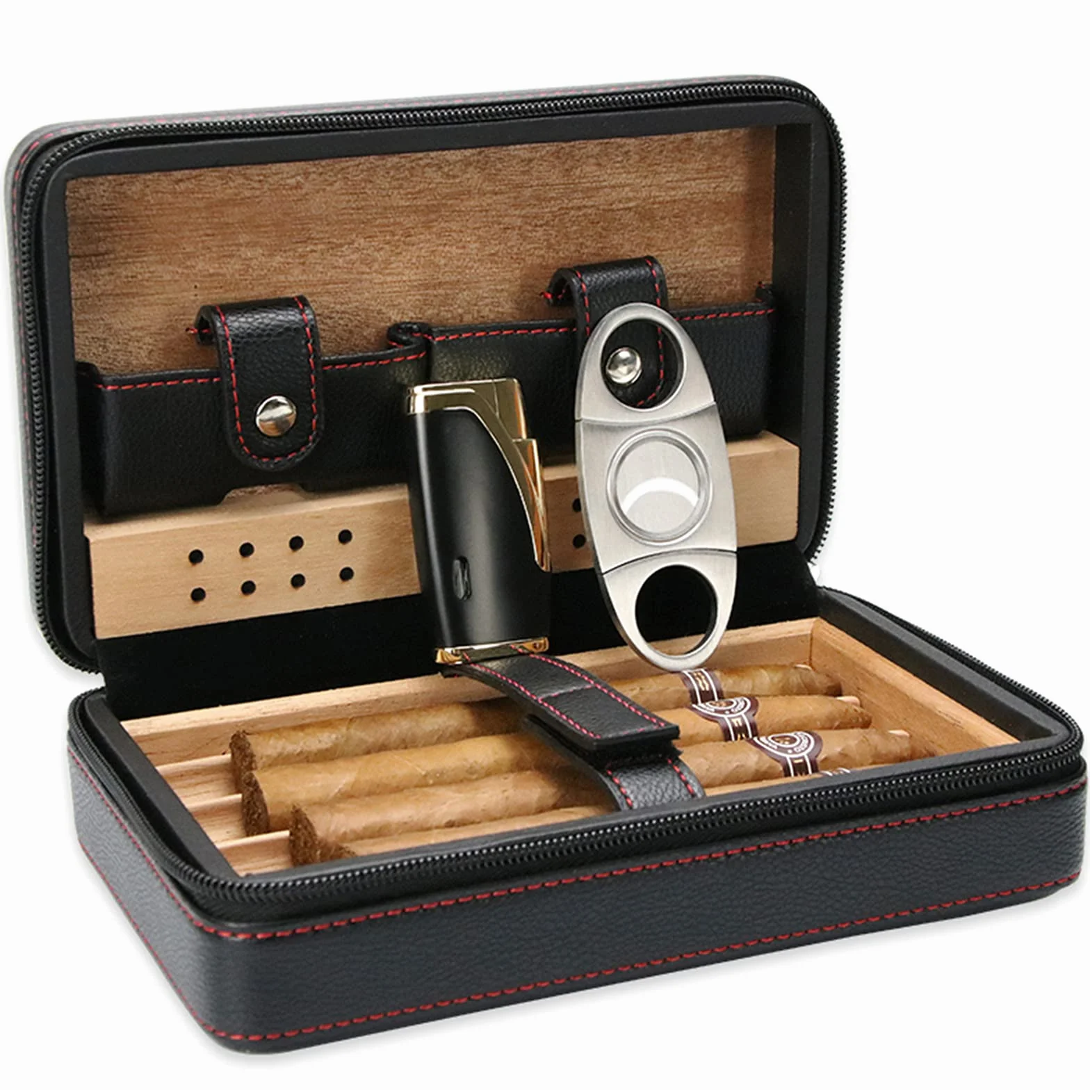 Ręcznie wykonany humidor do cygar, przenośny, skórzany humidor cedrowy, zestaw do cygar na krótkie wycieczki, drewno cedrowe, etui na cygara, humidor na 4 cygara, akcesoria do cygar