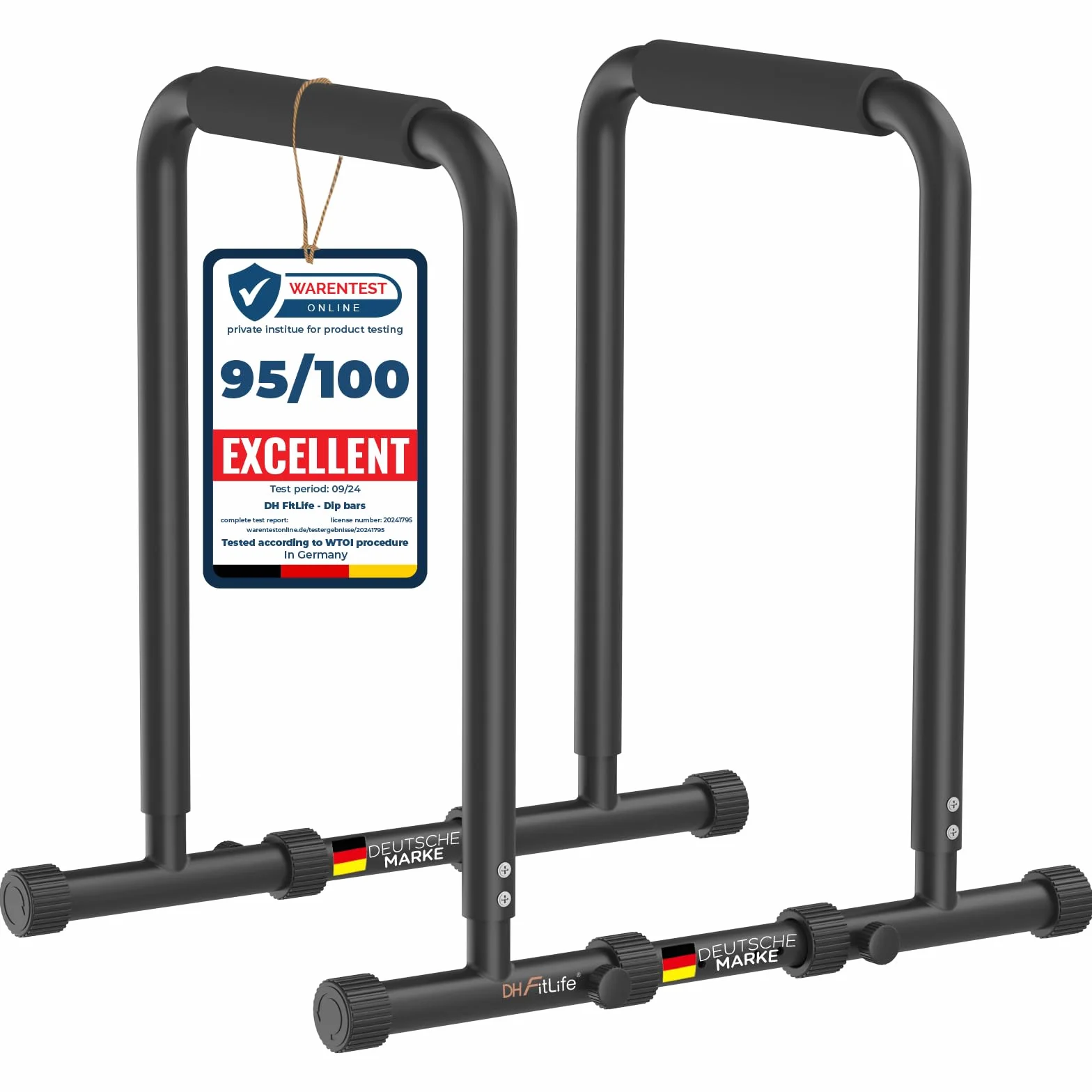 Regulowane drążki do dipów DH FitLife, stacja z 3 poziomami wysokości 80/90/100 cm, sprzęt do treningu parallette