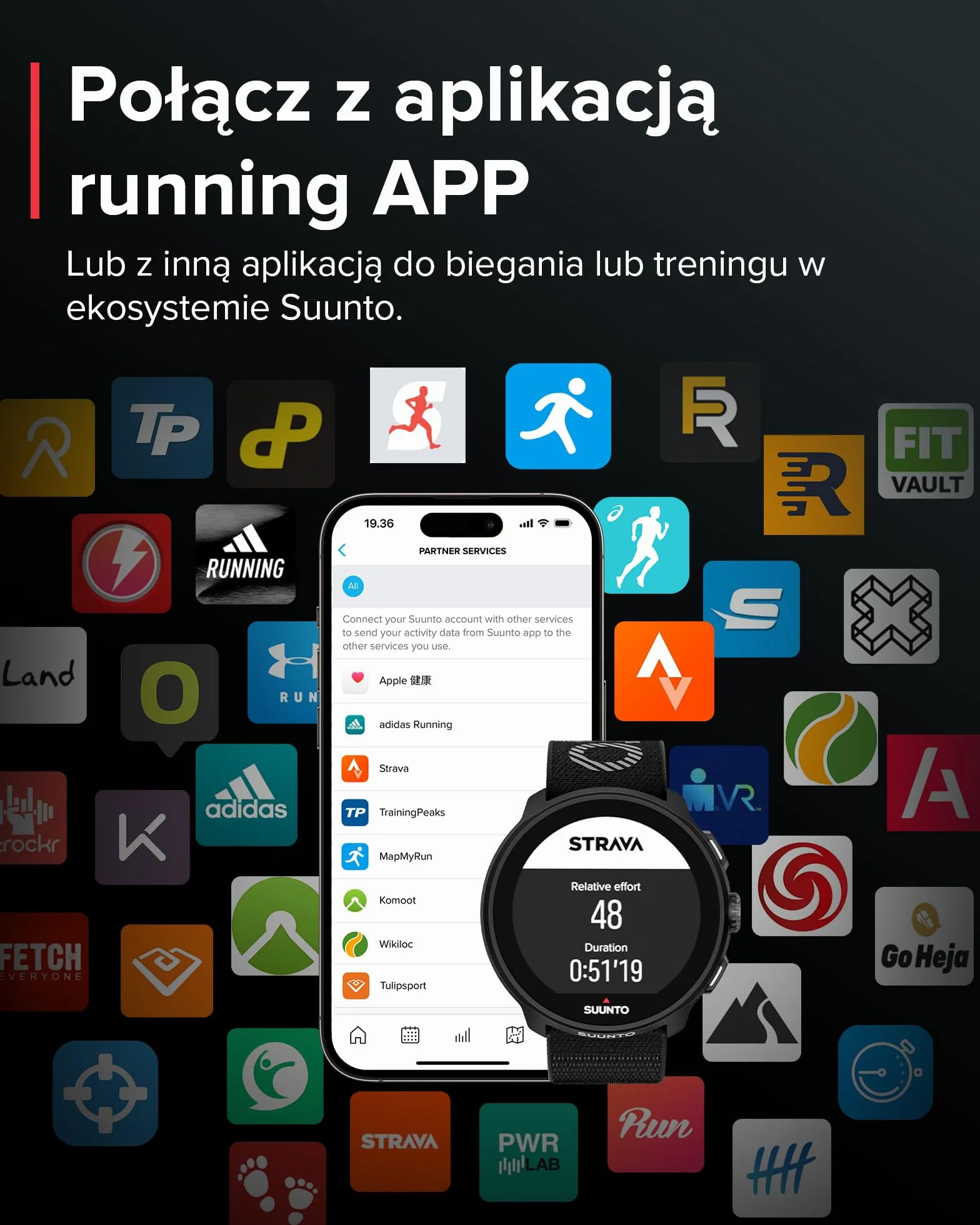 SUUNTO Run zegarek do biegania GPS AMOLED 1,32" multisport monitor aktywności śledzenie tętna/snu bateria 12 dni pamięć muzyczna 4 GB