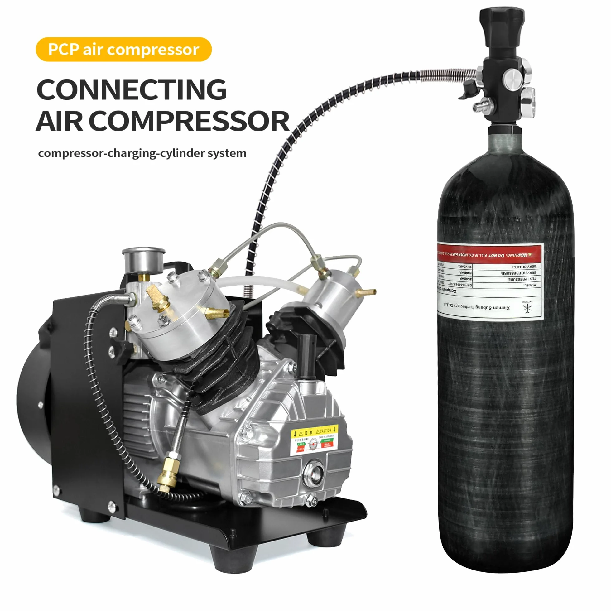 TUXING 6,8 l/414ci zbiornik powietrza HPA z włókna węglowego (nie DOT), system pneumatyczny PCP 4500 psi podwójny zawór pomiarowy 61 cm wąż wysokociśnieniowy z podwójnym szybkozłączką