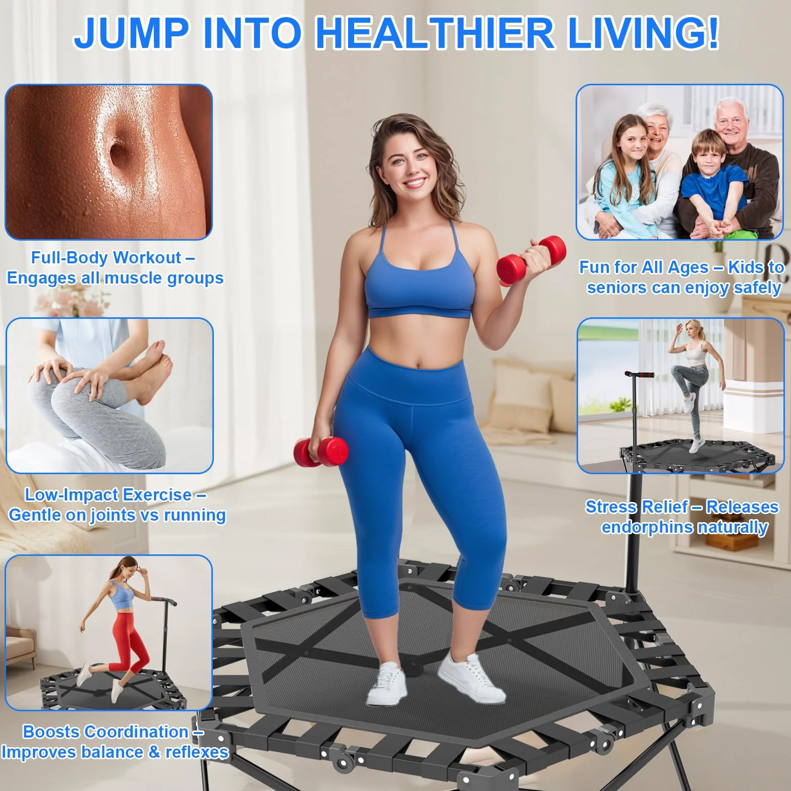 Trampolina fitness, składana mini trampolina, do użytku wewnątrz pomieszczeń, 106 cm, z 3-stopniową regulacją wysokości, bardzo stabilna rama X, nośność 275 kg