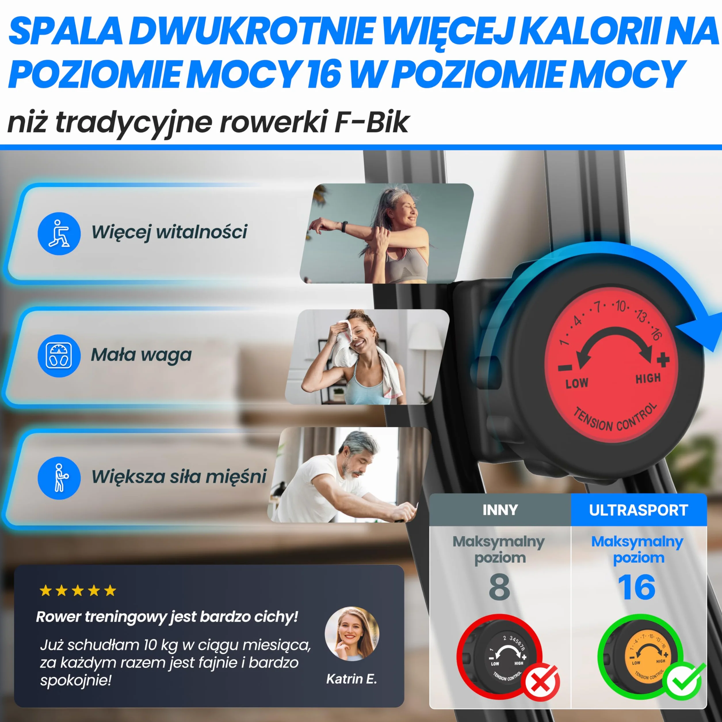 Ultrasport F-Bike Pro Składany Rower Treningowy do 150 KG, z 16 Poziomami, Wygodne Siodełko, Bardzo Cichy I Składany Rower Stacjonarny do Ćwiczeń w Domu
