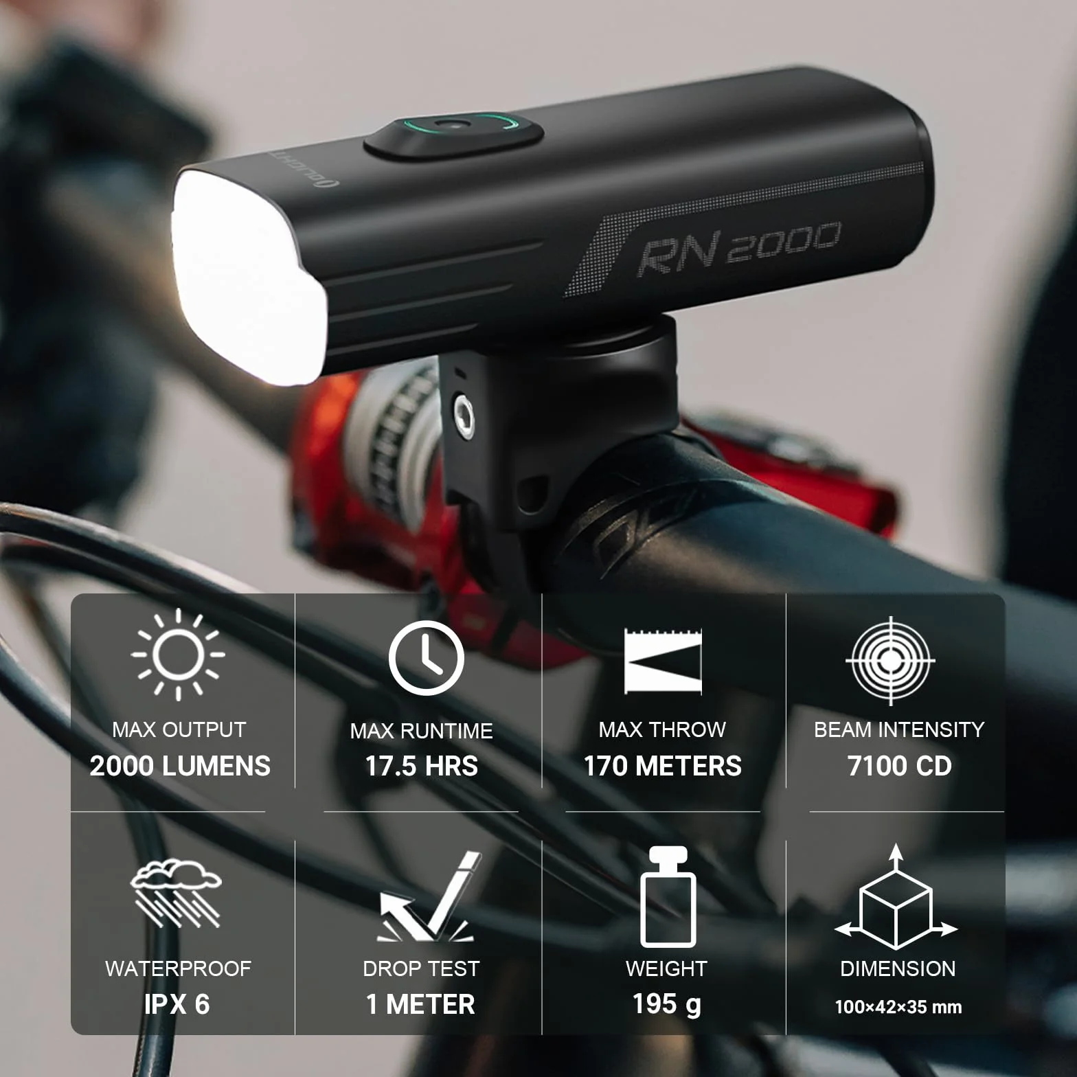 OLIGHT RN 2000 Mocne oświetlenie przednie 2000 lumenów 170 metrów długa żywotność 6 trybów z bezprzewodowym pilotem do rowerów górskich