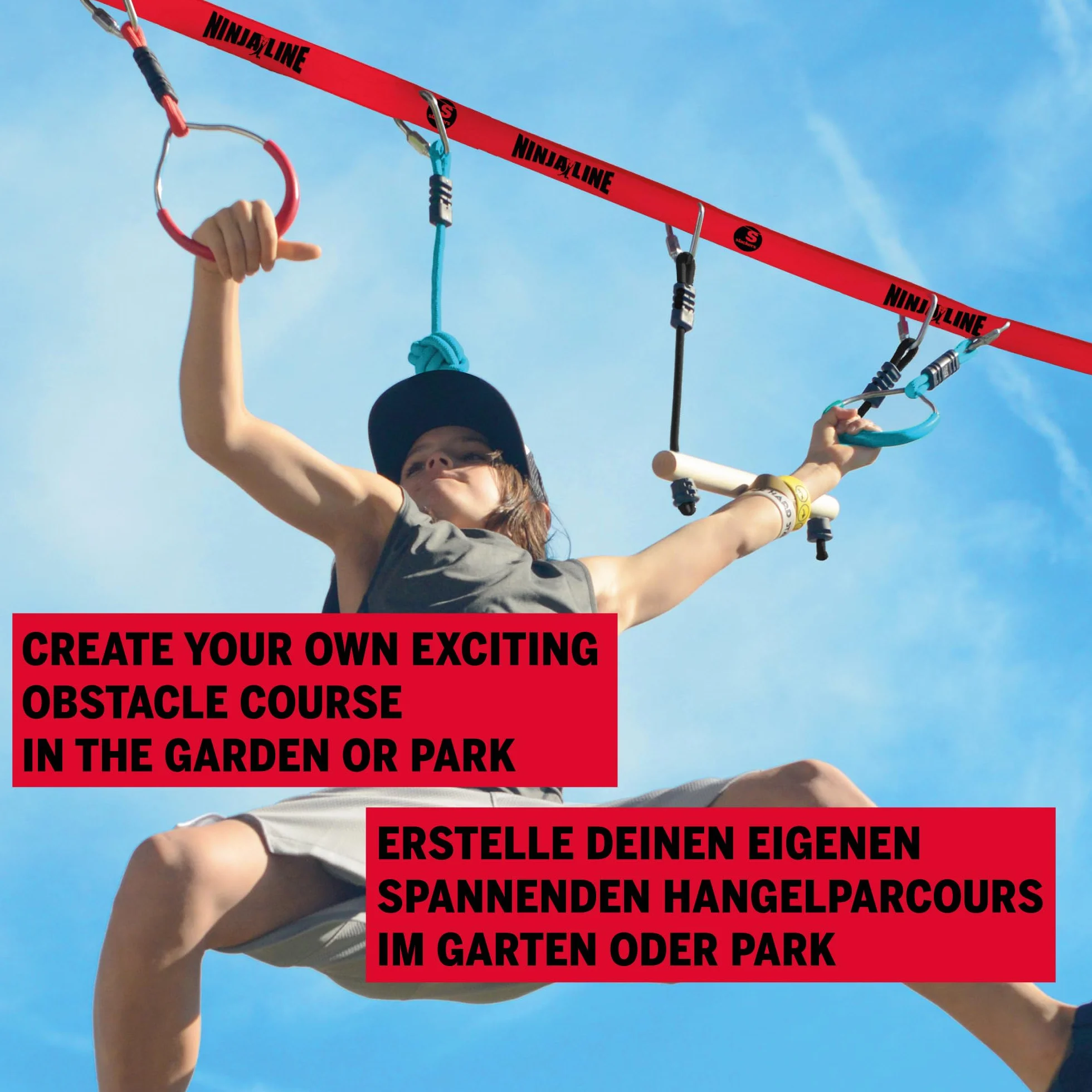 Slackers USA Ninja Line zestaw startowy, 11 metrowy trener hangel, wspaniały 11-częściowy kompletny zestaw, może być również używany jako slackline, z 7 przeszkodami, trenuj jak ninja, 980020