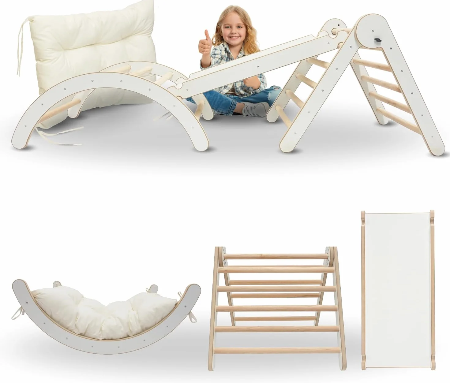 MAMOI® Zestaw Wspinaczkowy 4 w 1. Bujak + Zjeżdżalnia + Trójkąt + Poduszka, Zestaw Montessori z poduszkami, kryty plac zabaw dla dzieci 1-3 lat i zjeżdżalnia.