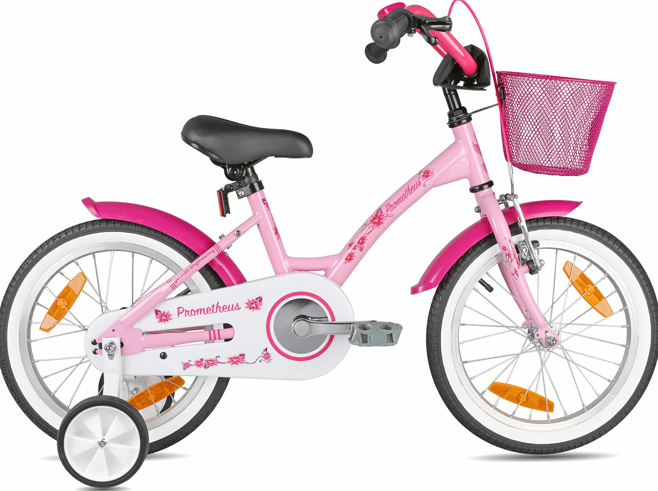 PROMETHEUS BICYCLES rower dziecięcy 16 cali dla dziewczynki z kółkami treningowymi hamulec nożny różowy