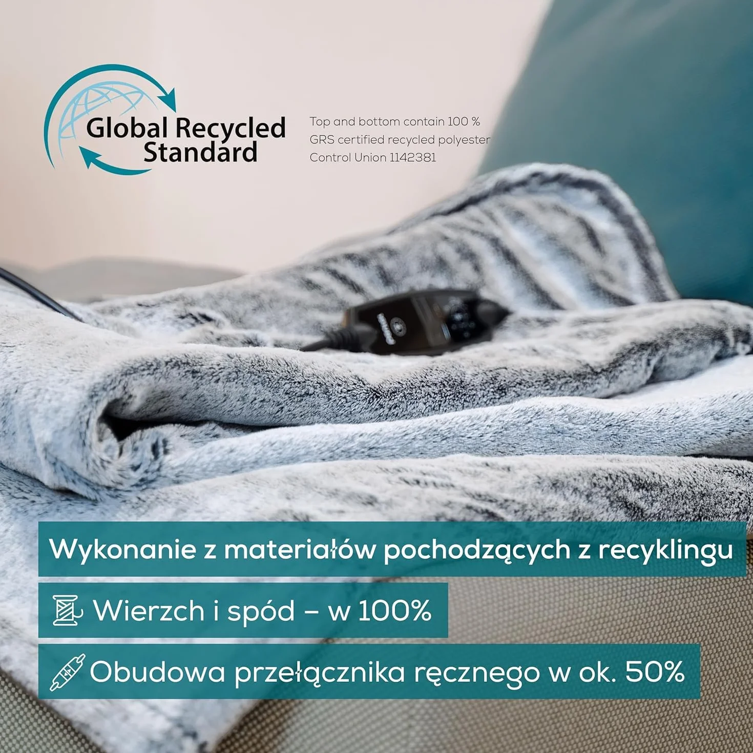 Beurer HD 75 Nordic Grey koc rozgrzewający, wykonany z materiału pochodzącego z recyklingu, 6 ustawień temperatury, można prać w pralce, z automatycznym wyłączaniem, 180 x 130 cm