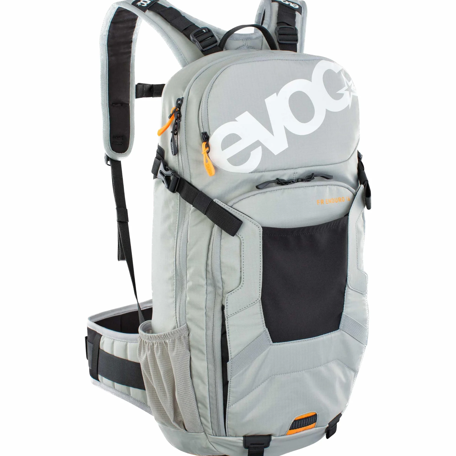 Plecak rowerowy EVOC FR ENDURO 16, plecak na wycieczki rowerowe (LITESHIELD BACK PROTECTOR 95%, uchwyt na kask, ochraniacze, komora na narzędzia, komora na bukłak 3l, rozmiar: M/L), kamienno-szary
